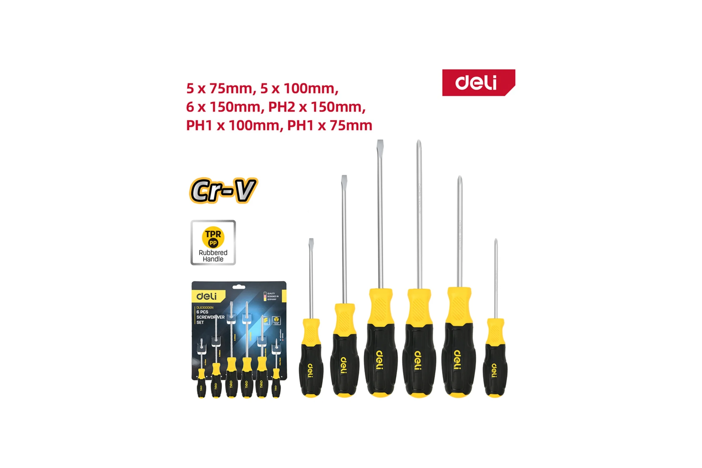 Набор отверток DELI 6 шт DL630006N (SL5/PH1x75 + SL5/PH1x100 + SL6/PH2x150, сталь Cr-V, двухкомпонентная прорезиненная рукоять) 183596