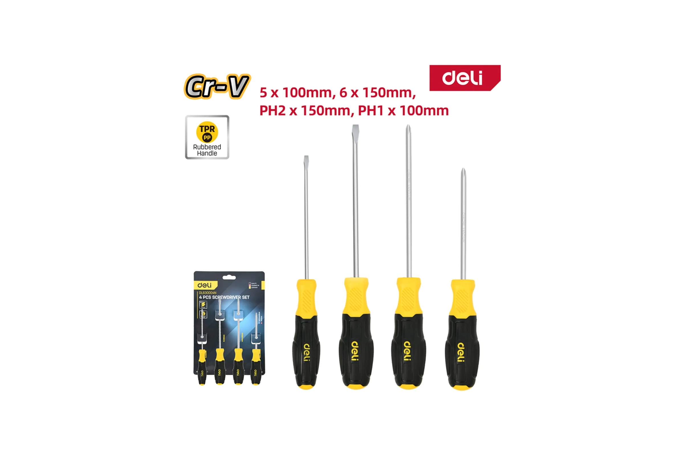 Набор отверток DELI 4 шт DL630004N (SL5/PH1x100 + SL6/PH2x150, сталь Cr-V, двухкомпонентная прорезиненная рукоять) 183594