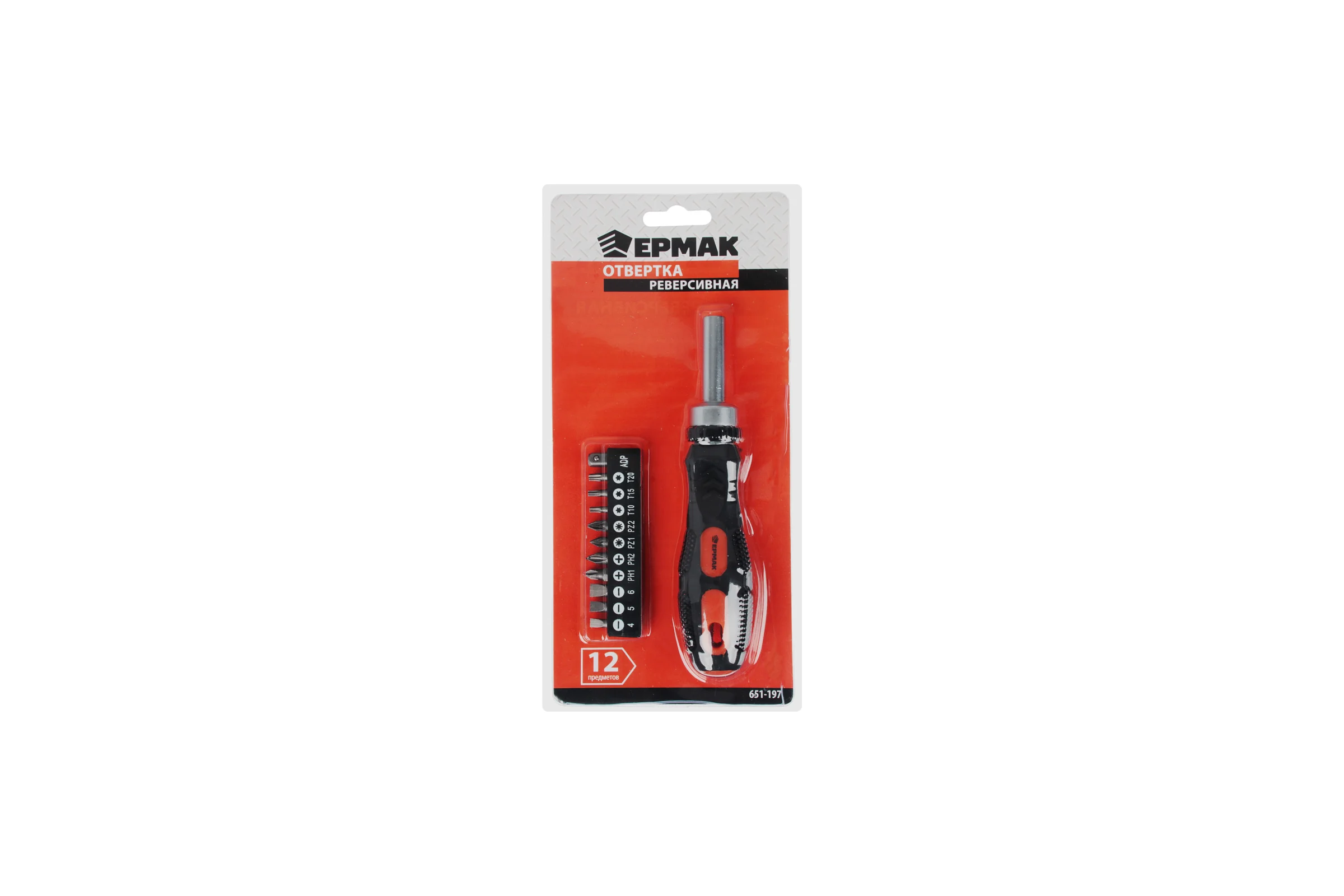 Отвертка ЕРМАК реверсивная, адаптер 1/4, биты: SL4,SL5.5,SL6.5,PH1,PH2,PZ1,PZ2,TORX10,TORX15,TORX20 651-197