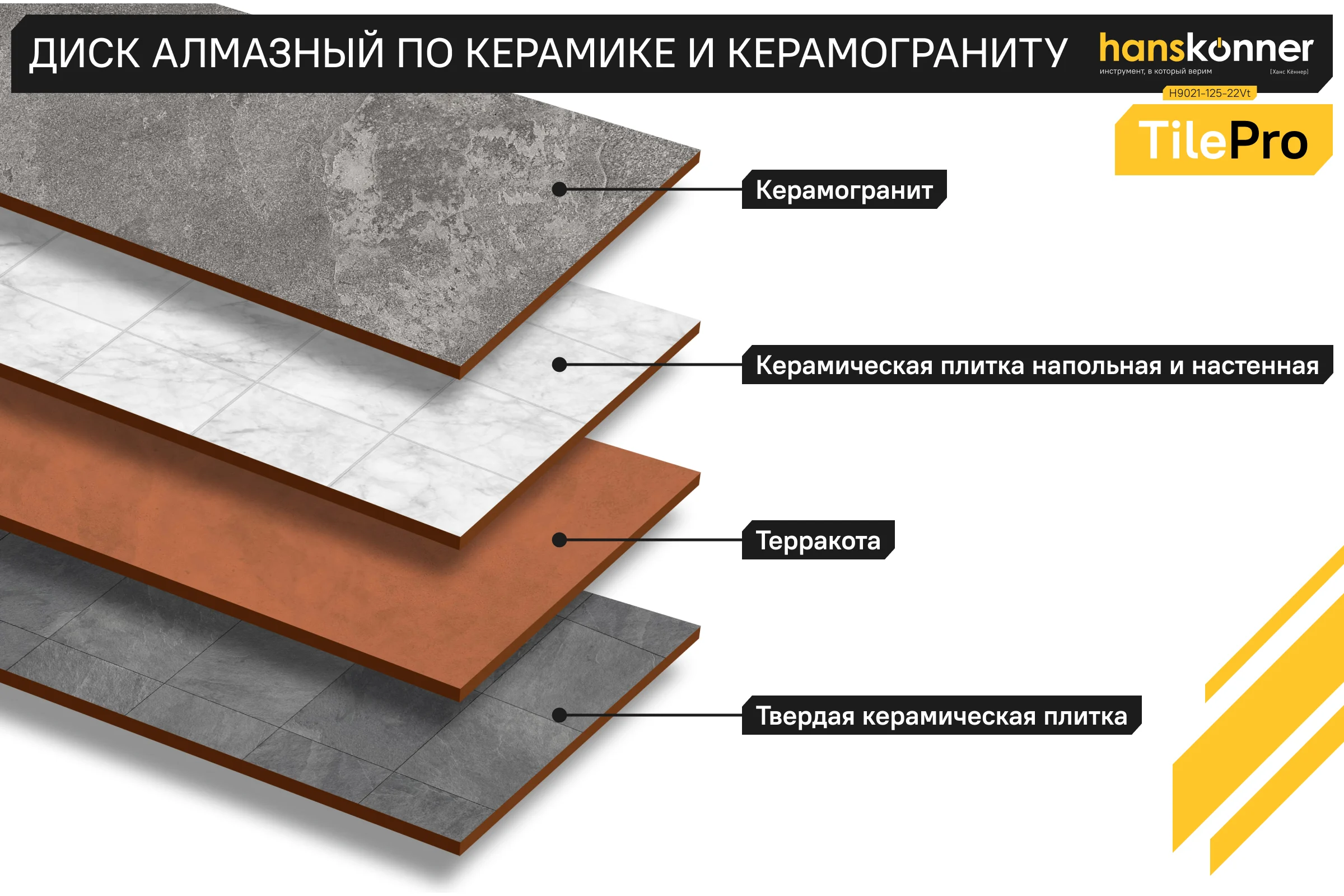 Алмазный диск Hanskonner 125x22,23x1,2 мм V-тип TilePro H9021-125-22Vt