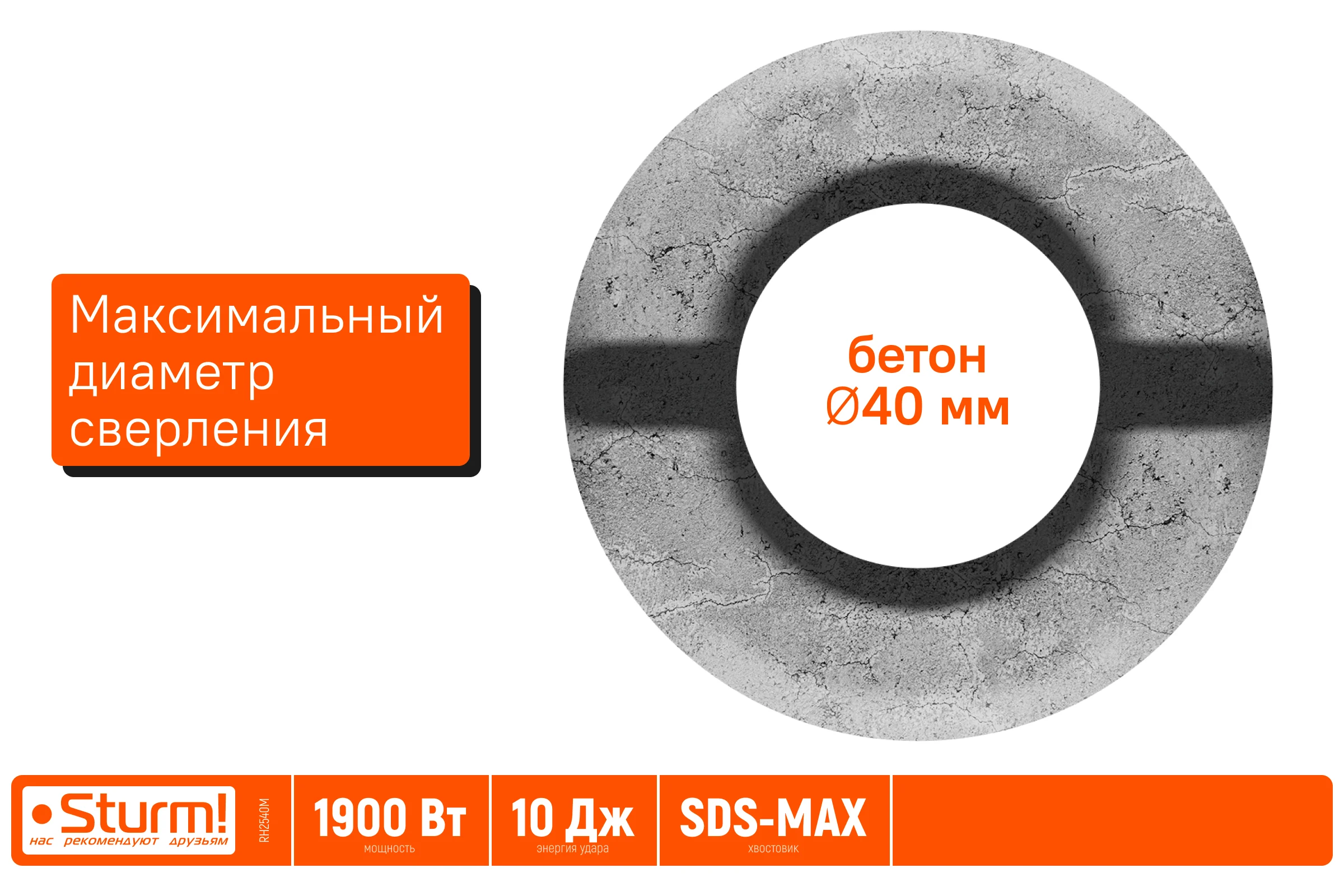 Перфоратор Sturm SDS MAX 1900Вт, 10Дж, 4000уд/мин, 590об/мин, 2 режима, кейс RH2540M
