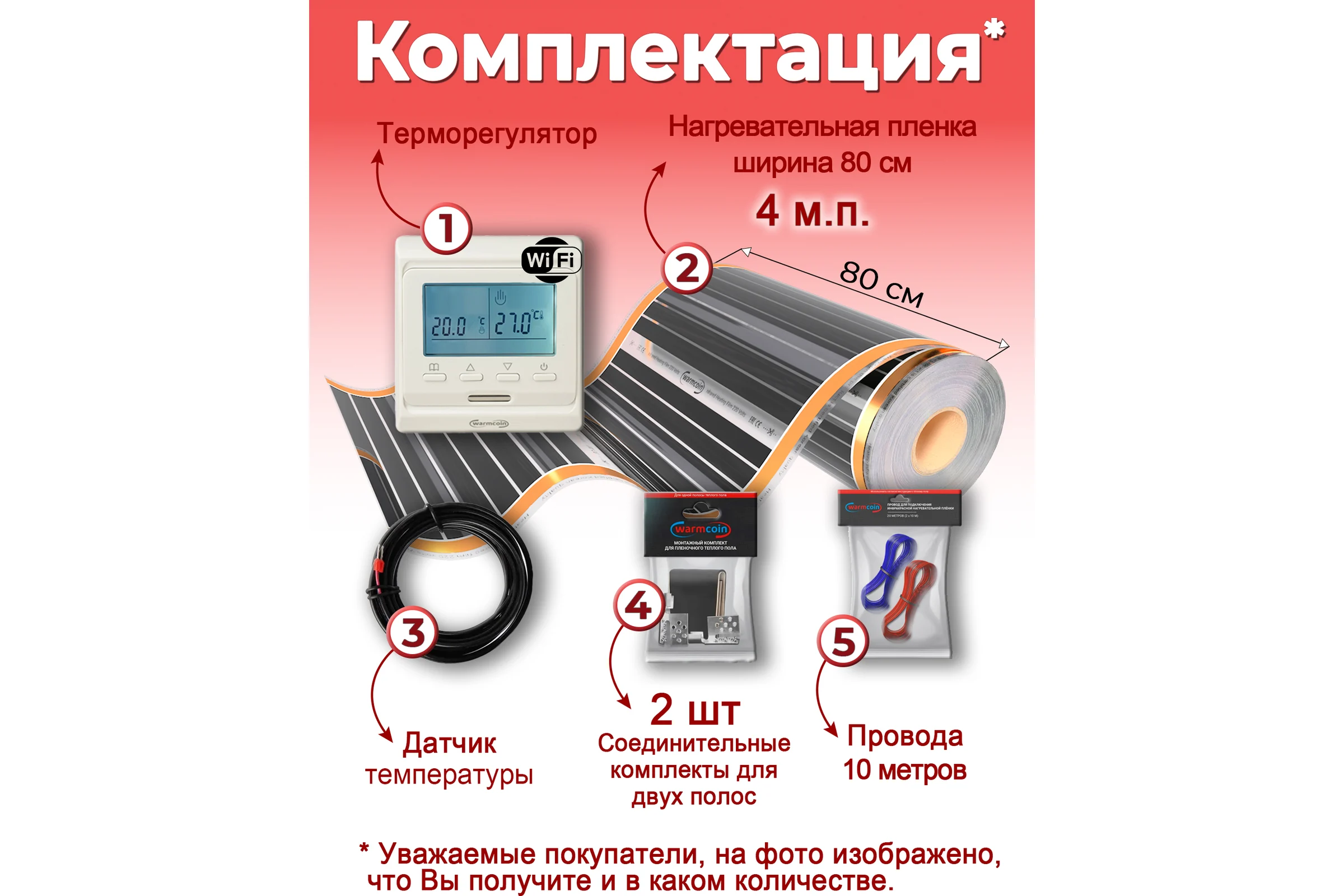 Пленочный теплый пол Warmcoin комплект, 220Вт/м.кв., ширина 0,8 м, 3,2 м2 + W51 WHITE Wi-Fi, Пл_КОМПЛ-51Wi-Fi_220Вт_80см_4мп