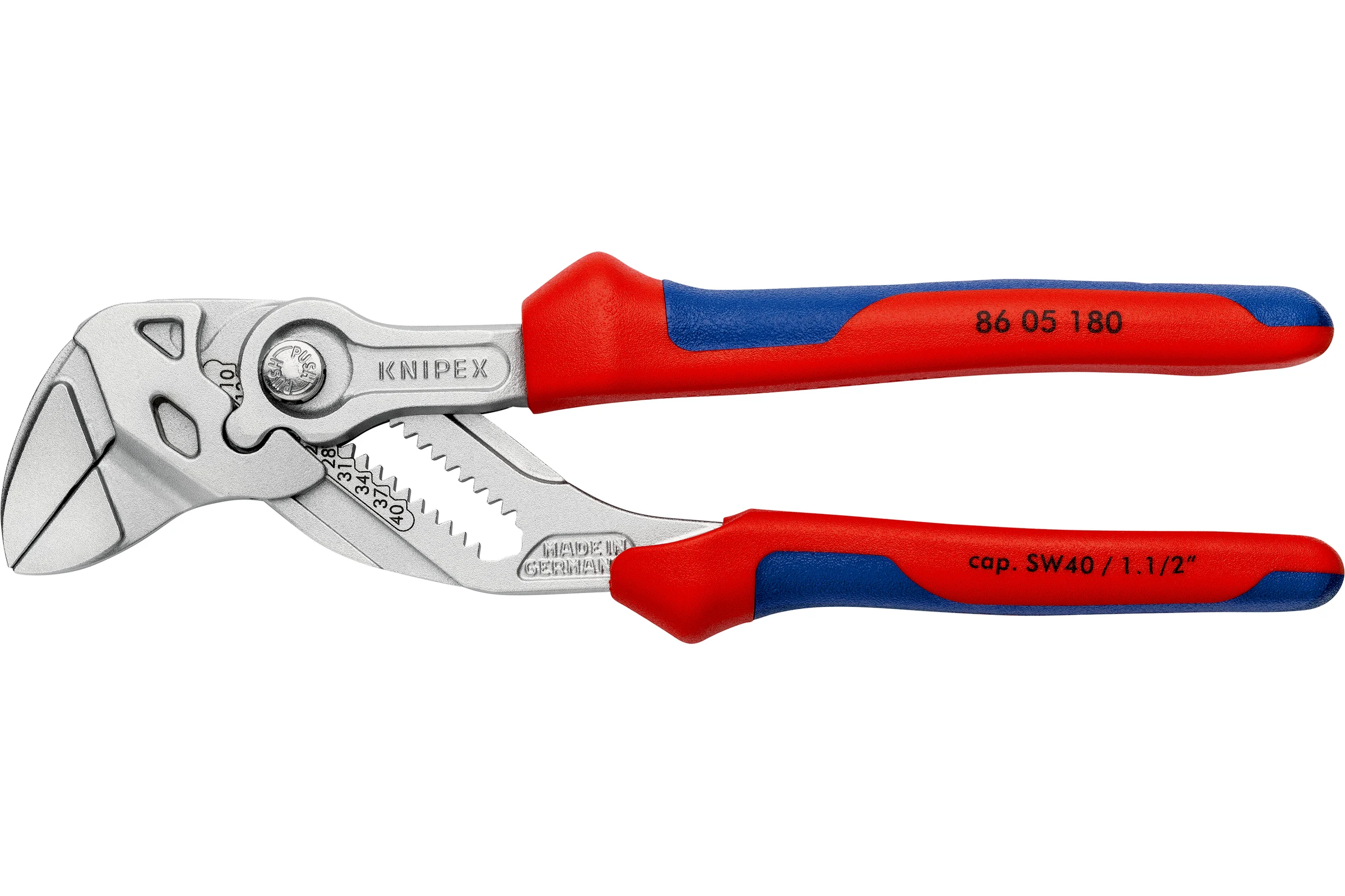 Переставные клещи-ключ Knipex 40 мм (1 1/2"), длина 180 мм, хром, 2К ручки, KN-8605180SB