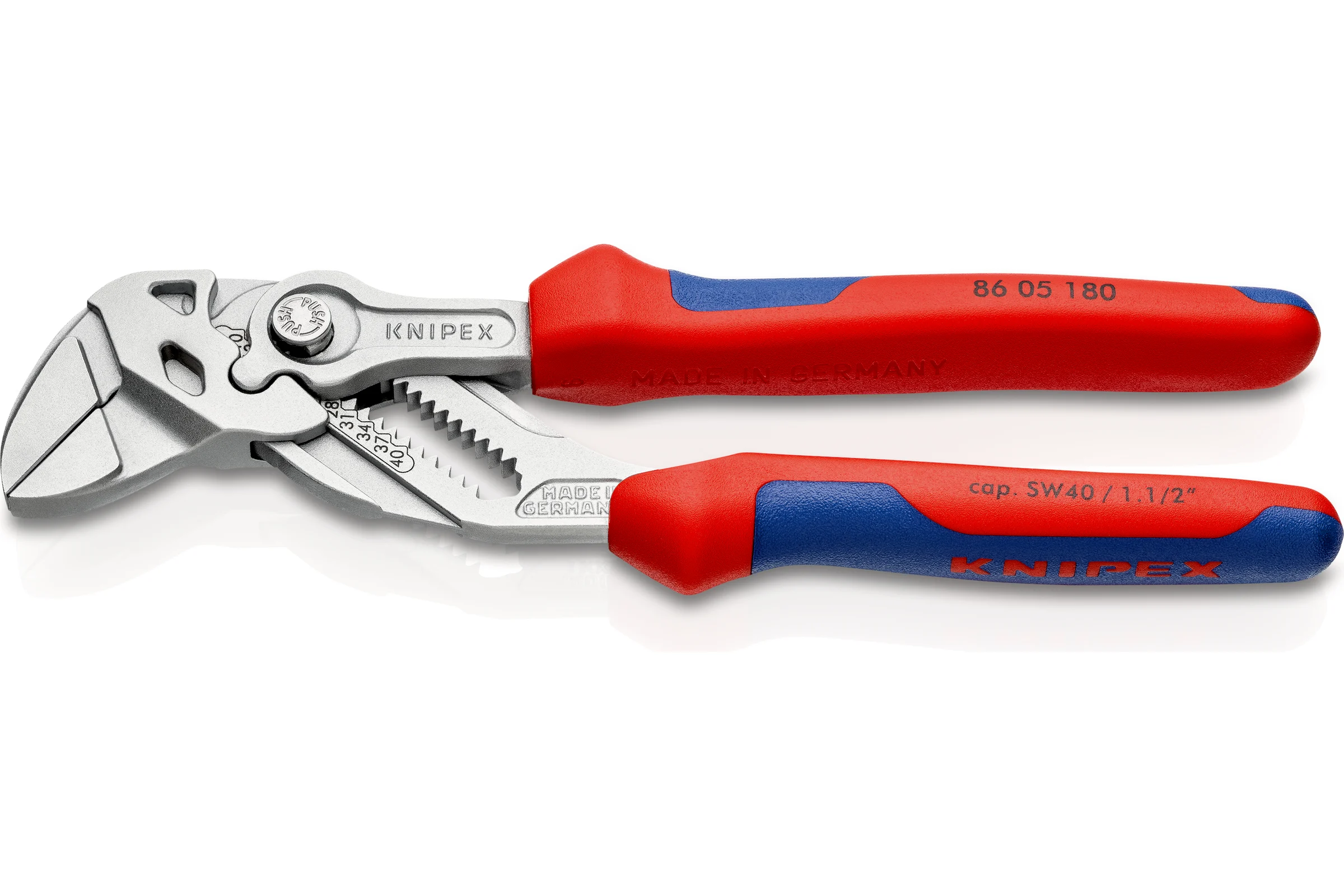 Переставные клещи-ключ Knipex 40 мм (1 1/2"), длина 180 мм, хром, 2К ручки, KN-8605180SB