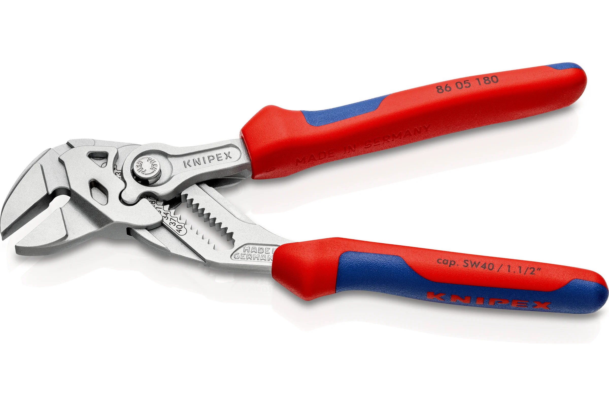 Переставные клещи-ключ Knipex 40 мм (1 1/2"), длина 180 мм, хром, 2К ручки, KN-8605180SB