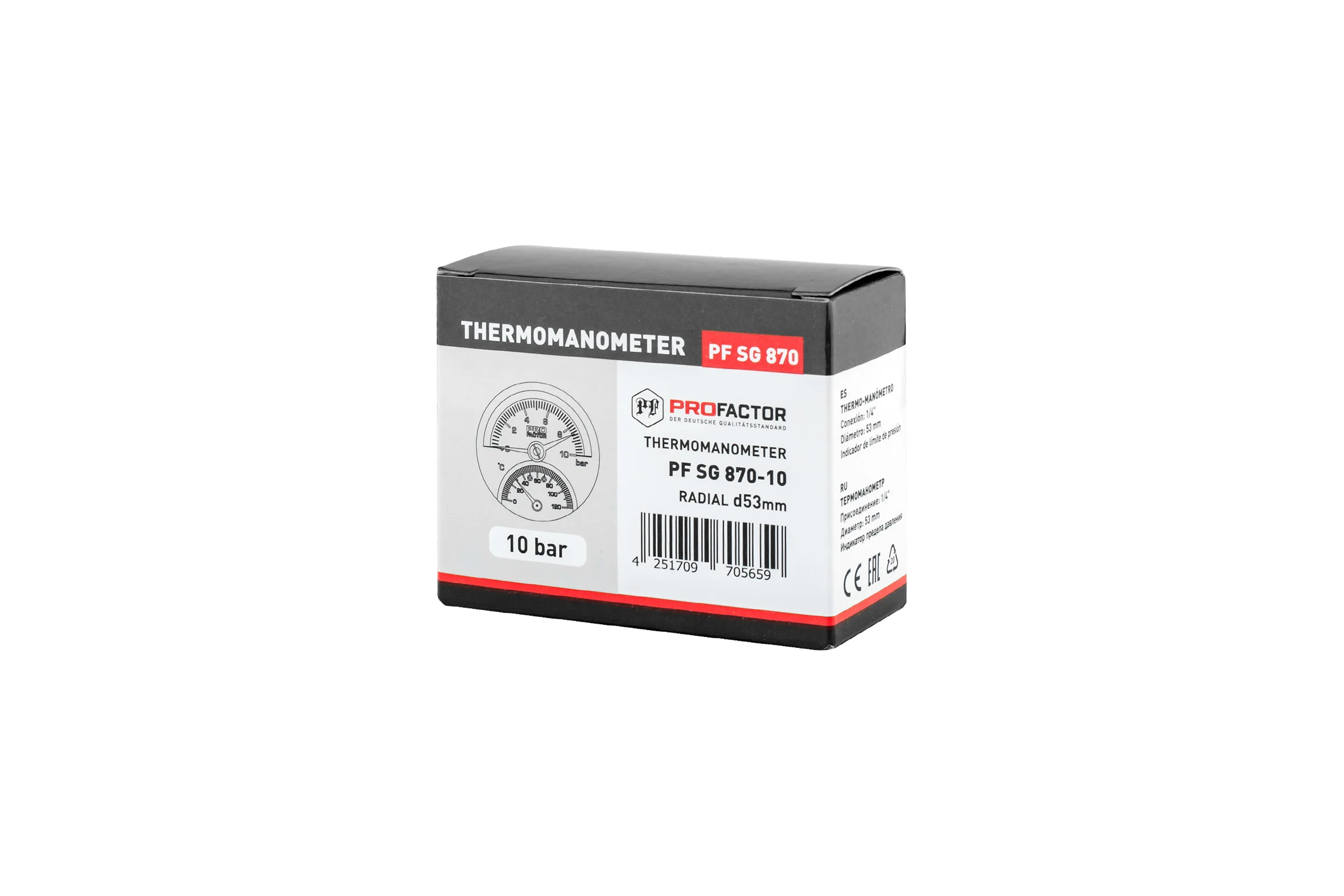Термоманометр радиальный PROFACTOR Ф 53 мм 1/4 10 bar, 0–120C PF SG 870-10