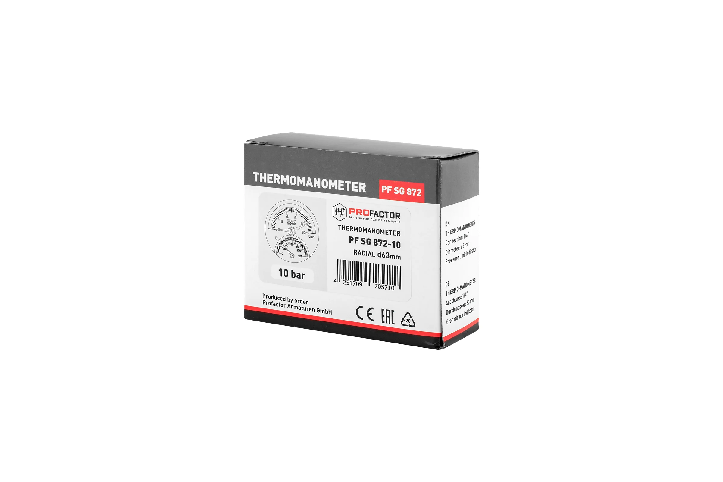 Термоманометр радиальный PROFACTOR Ф 63 мм 1/4 10 bar, 0–120C PF SG 872-10