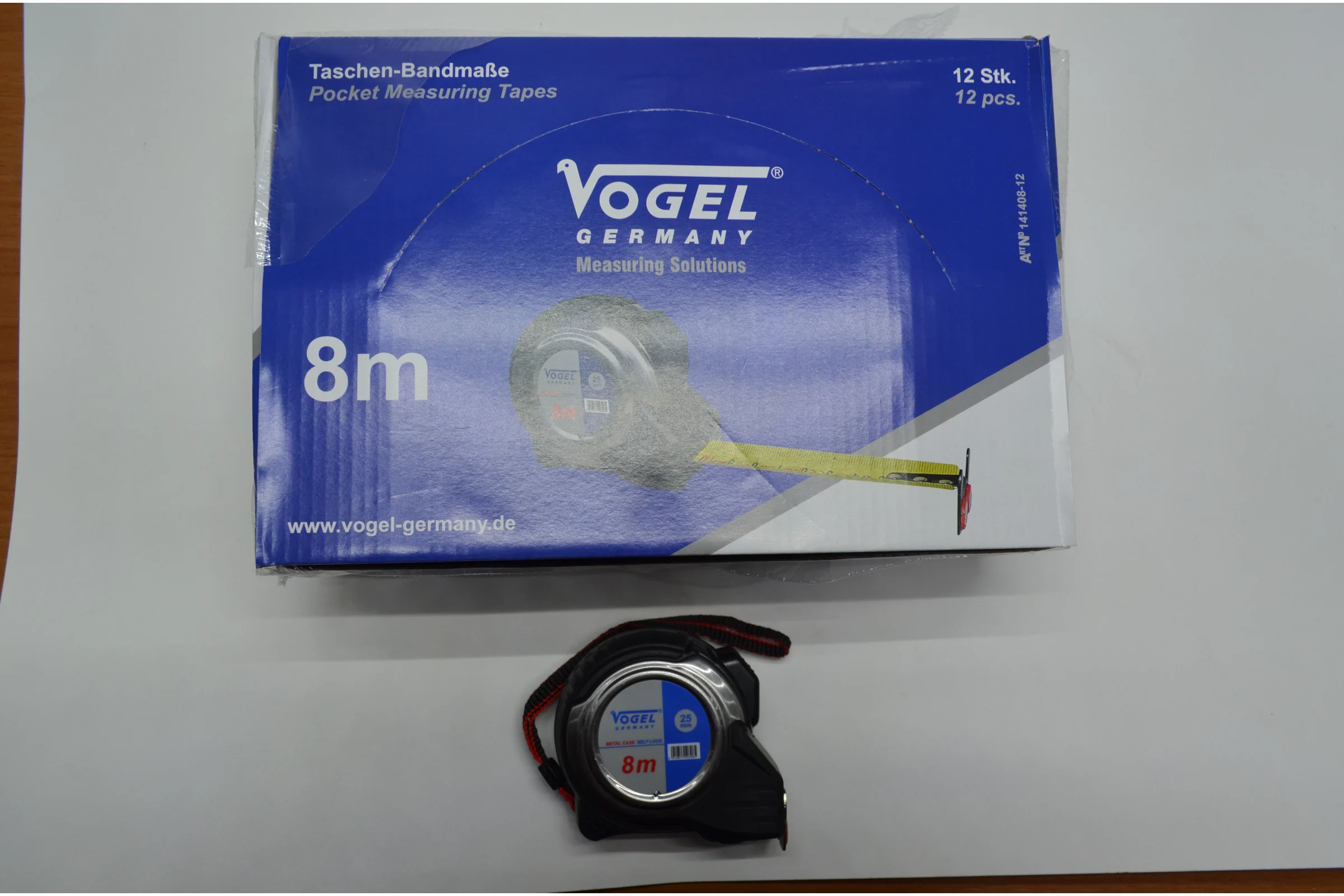 Рулетки с магнитом Vogel противоударные, 8 м, точность 1.8 мм, металлический корпус 141408-12