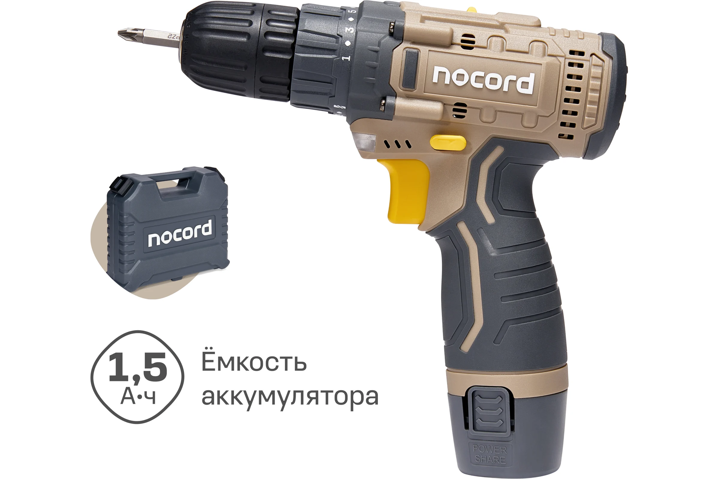 Аккумуляторная дрель-шуруповерт Nocord 12В, 2x1.5 А·ч Li-Ion, в кейсе + 13 предметов оснастки, NCD-12.2.15.C 900194.NCD-12.2.15.C-2