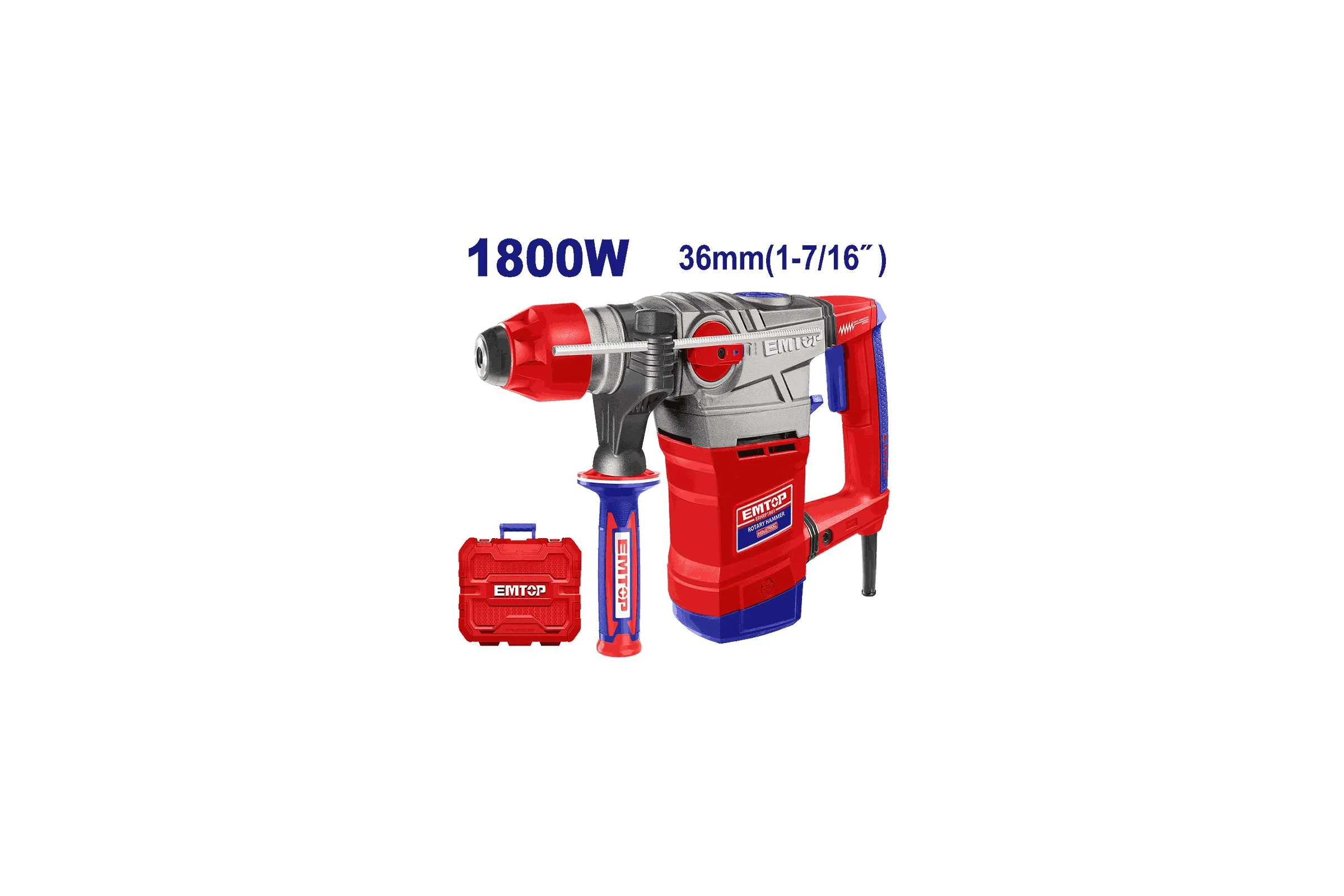 Перфоратор emtop напряжение: 220-240 В ~ 50/60 Гц Потребляемая мощность: 1800 Вт Скорость холостого хода: 850 об / минСкорость удара: 4200 ударов в минуту ERHRP1801