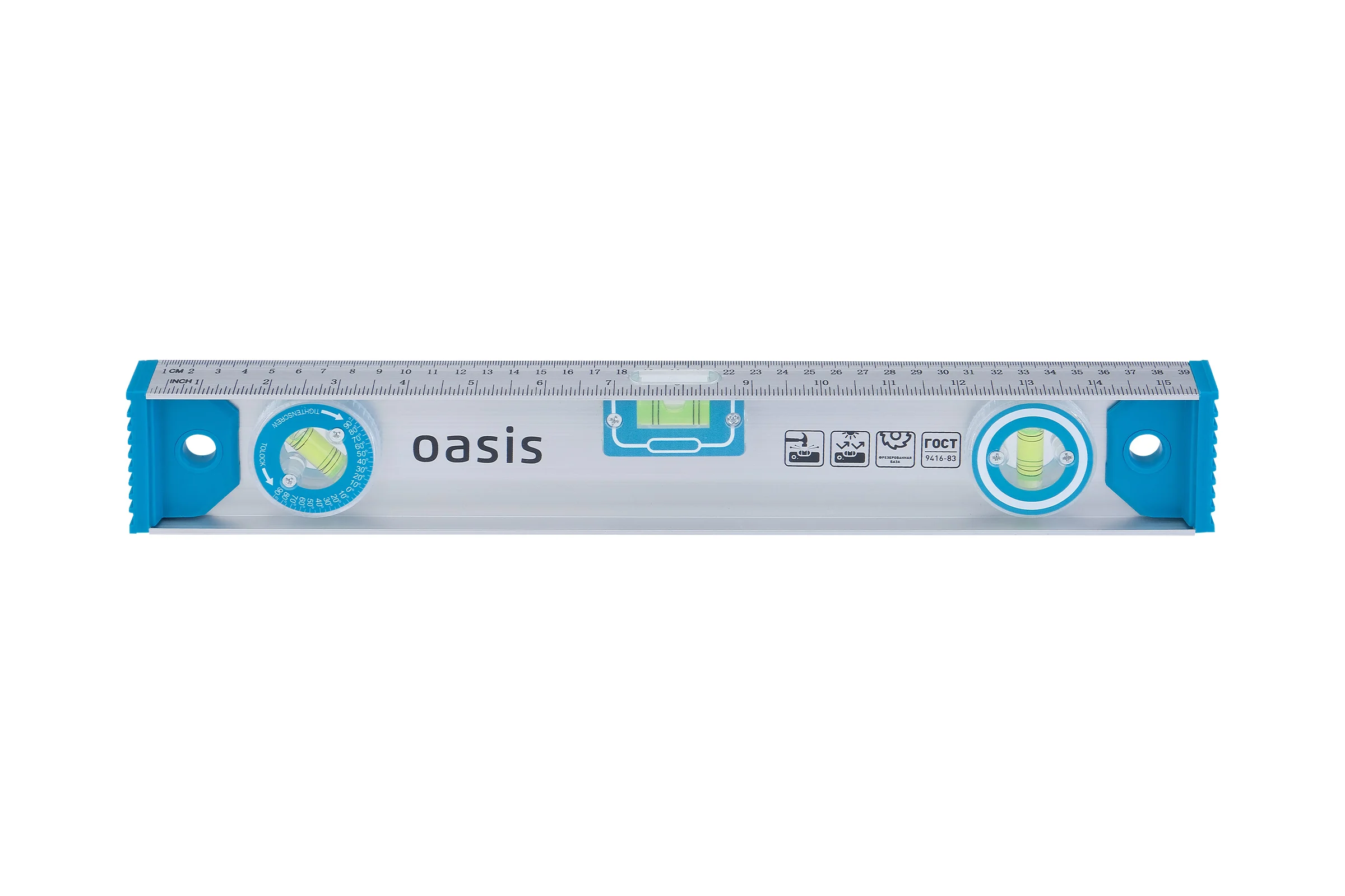 Уровень алюминиевый рельс Oasis 600 мм, 3 глазка (1 поворотный), линейка 103040500015