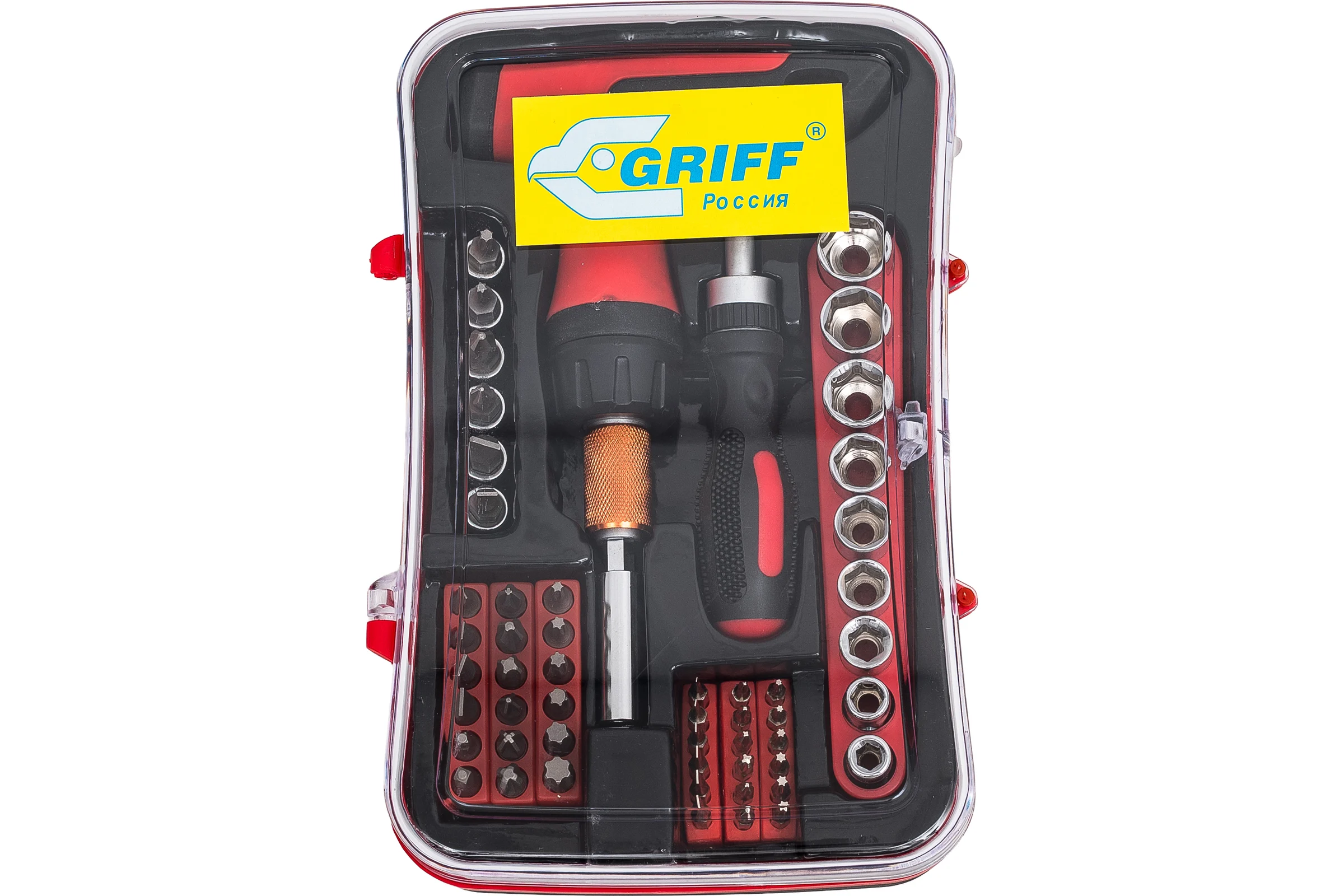 Реверсивная отвертка GRIFF 53 предмета, торцевые головки, биты, вставки 031286