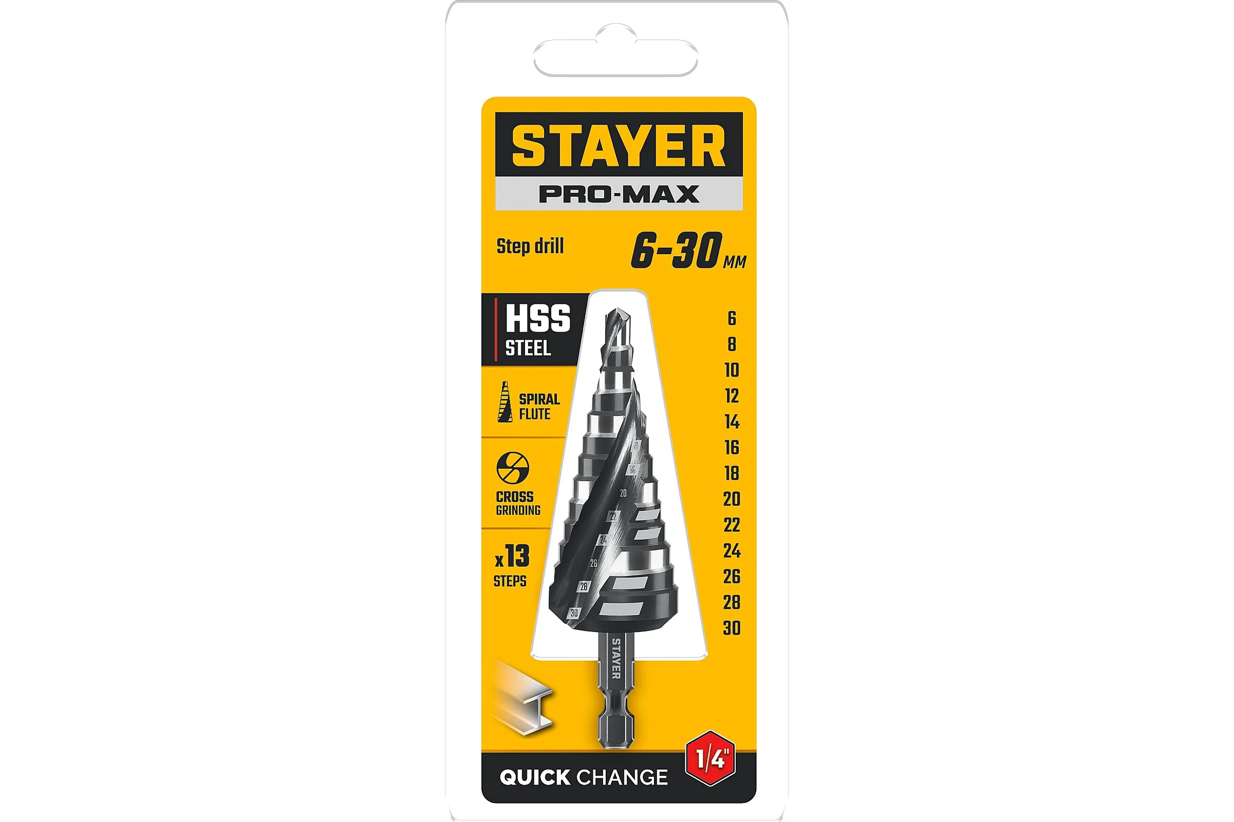 Cверло ступенчатое STAYER Pro-Max 6-30мм, 13 ступеней, винтовая спираль 29661-6-30-13