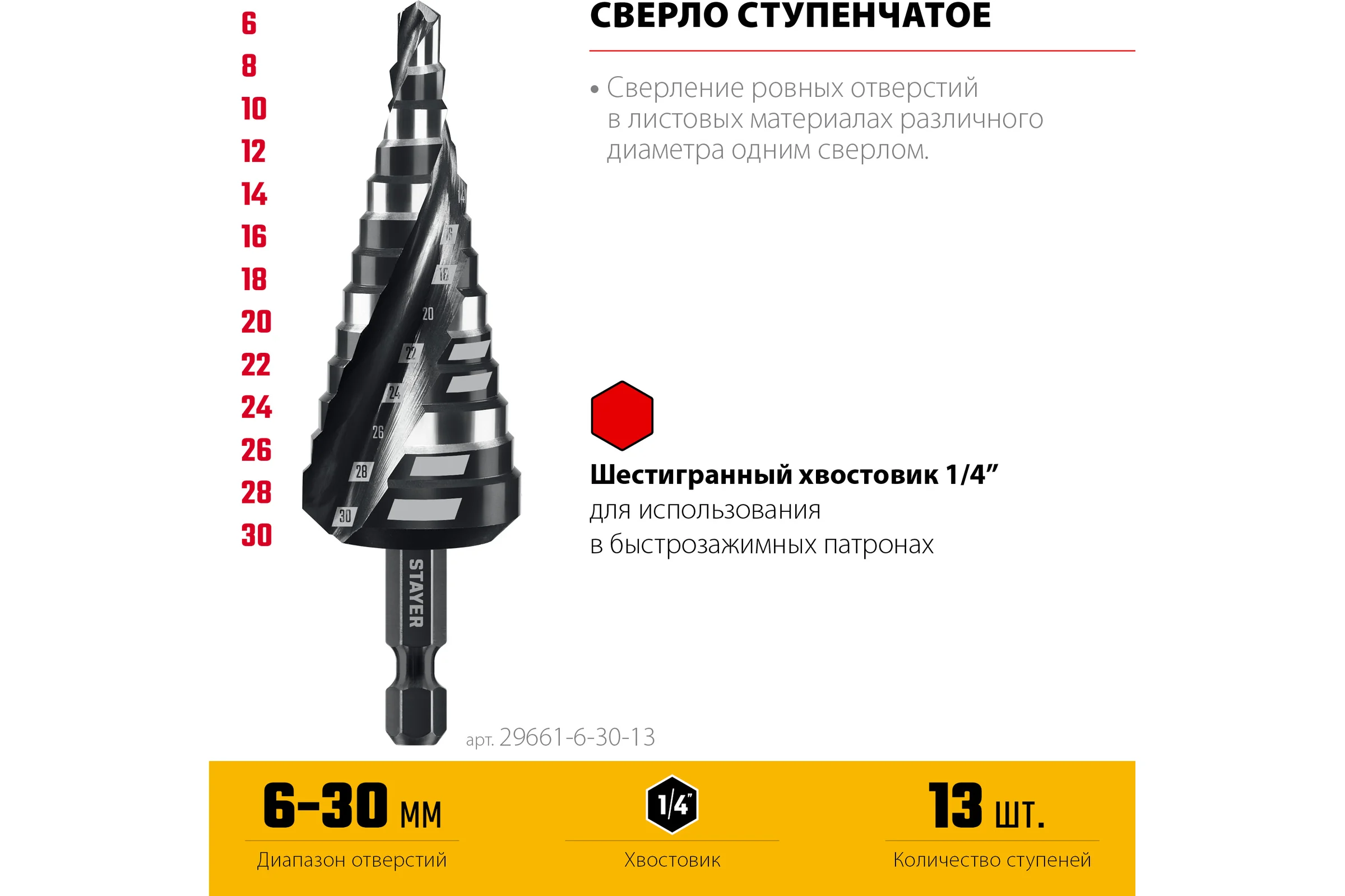 Cверло ступенчатое STAYER Pro-Max 6-30мм, 13 ступеней, винтовая спираль 29661-6-30-13