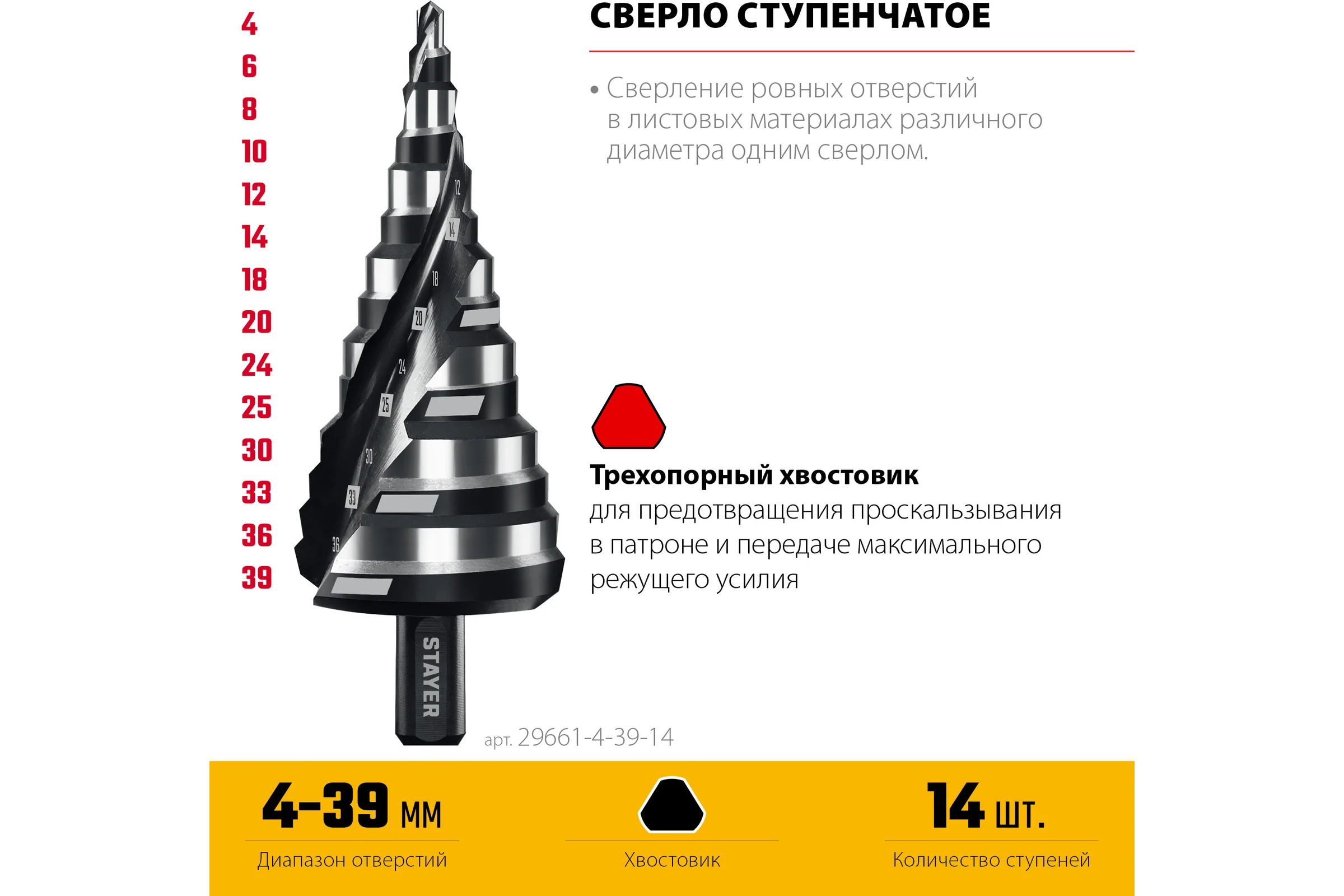 Cверло ступенчатое STAYER Pro-Max 4-39мм, 14 ступеней, винтовая спираль 29661-4-39-14