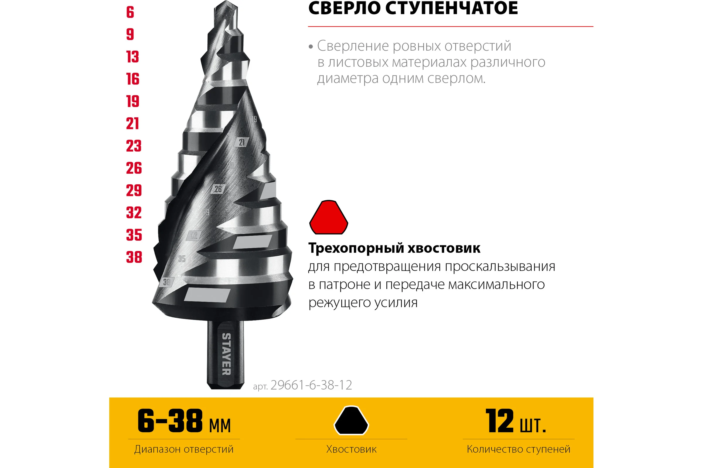 Cверло ступенчатое STAYER Pro-Max 6-38мм, 12 ступеней, винтовая спираль 29661-6-38-12