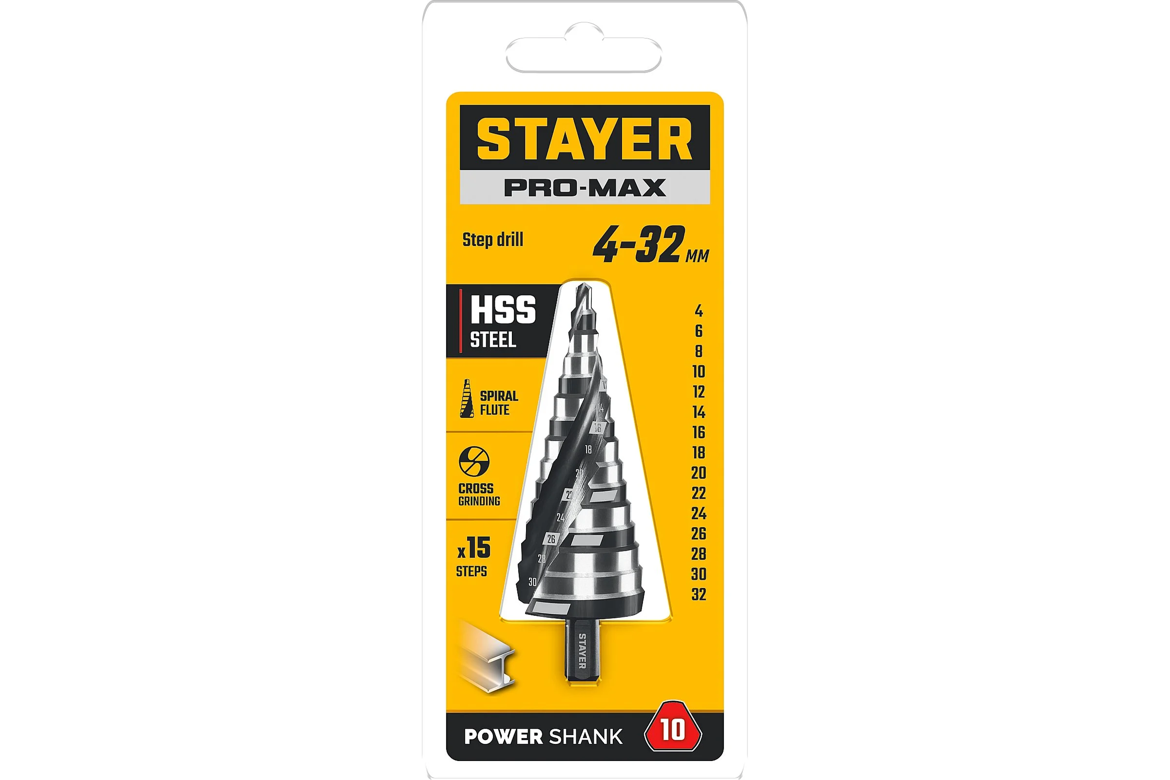 Cверло ступенчатое STAYER Pro-Max 4-32мм, 15 ступеней, винтовая спираль 29661-4-32-15