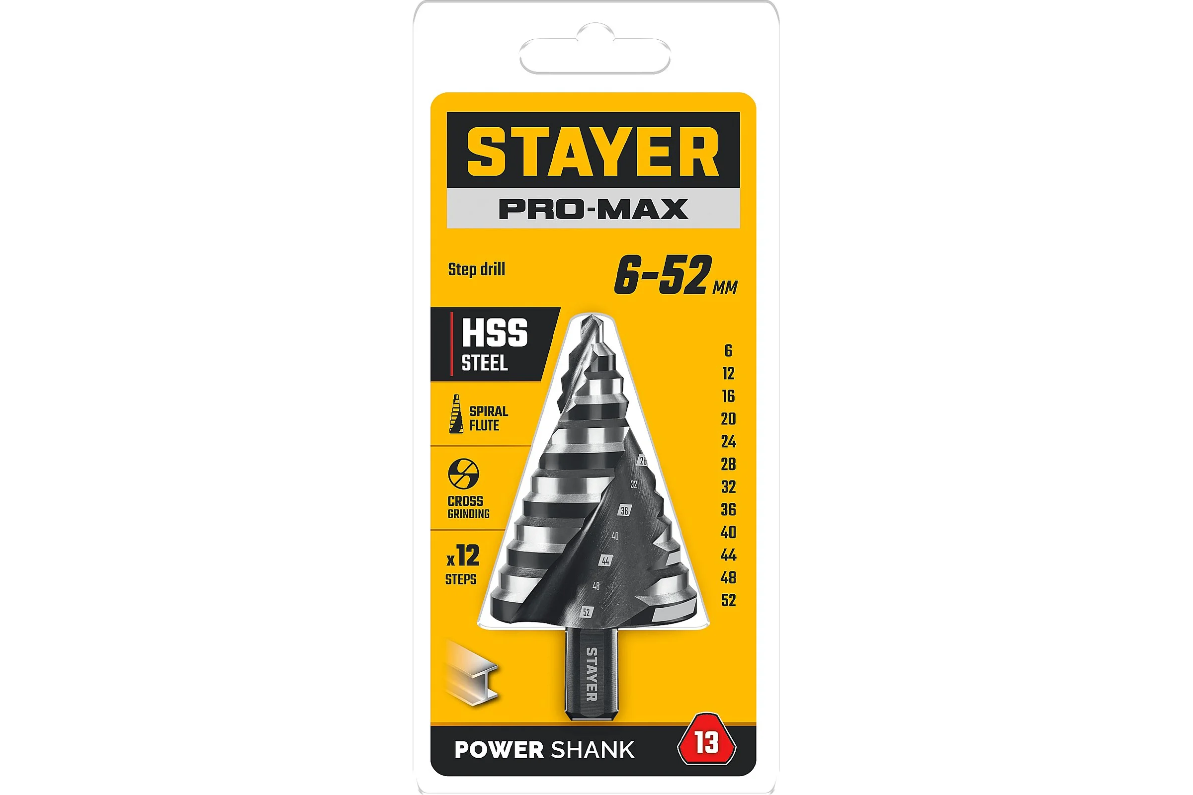 Cверло ступенчатое STAYER Pro-Max 6-52мм, 12 ступеней, винтовая спираль 29661-6-52-12