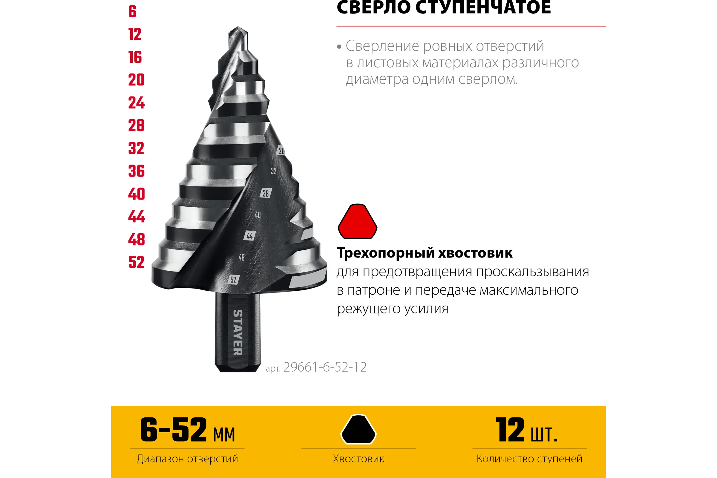 Cверло ступенчатое STAYER Pro-Max 6-52мм, 12 ступеней, винтовая спираль 29661-6-52-12