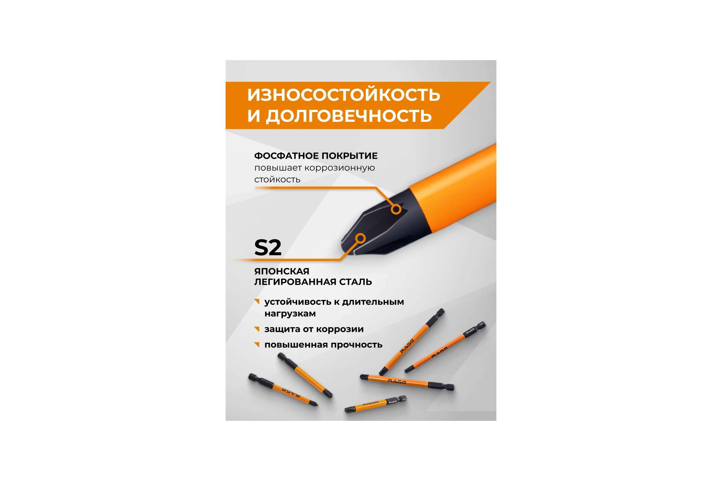 Биты для электриков магнитные RAGE S2 PZ/FL1 PZ/FL2 PZ/FL3 75 мм и 100 мм, 6 шт 554294