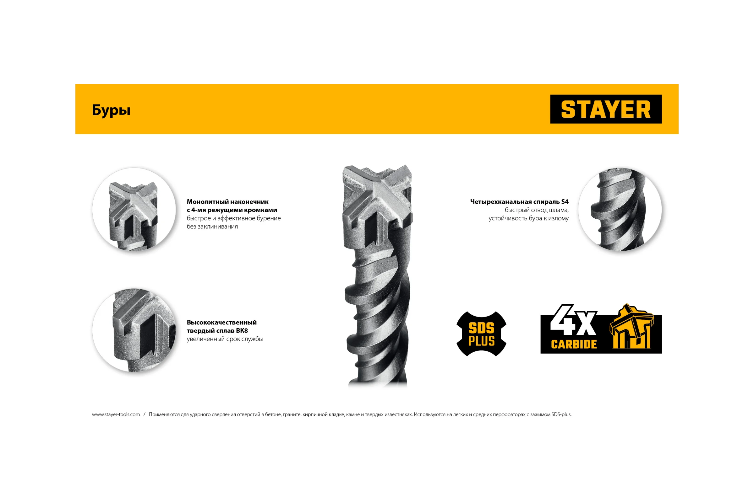 Бур STAYER Hercules-4Х 18x800 мм, SDS-plus 29290-800-18