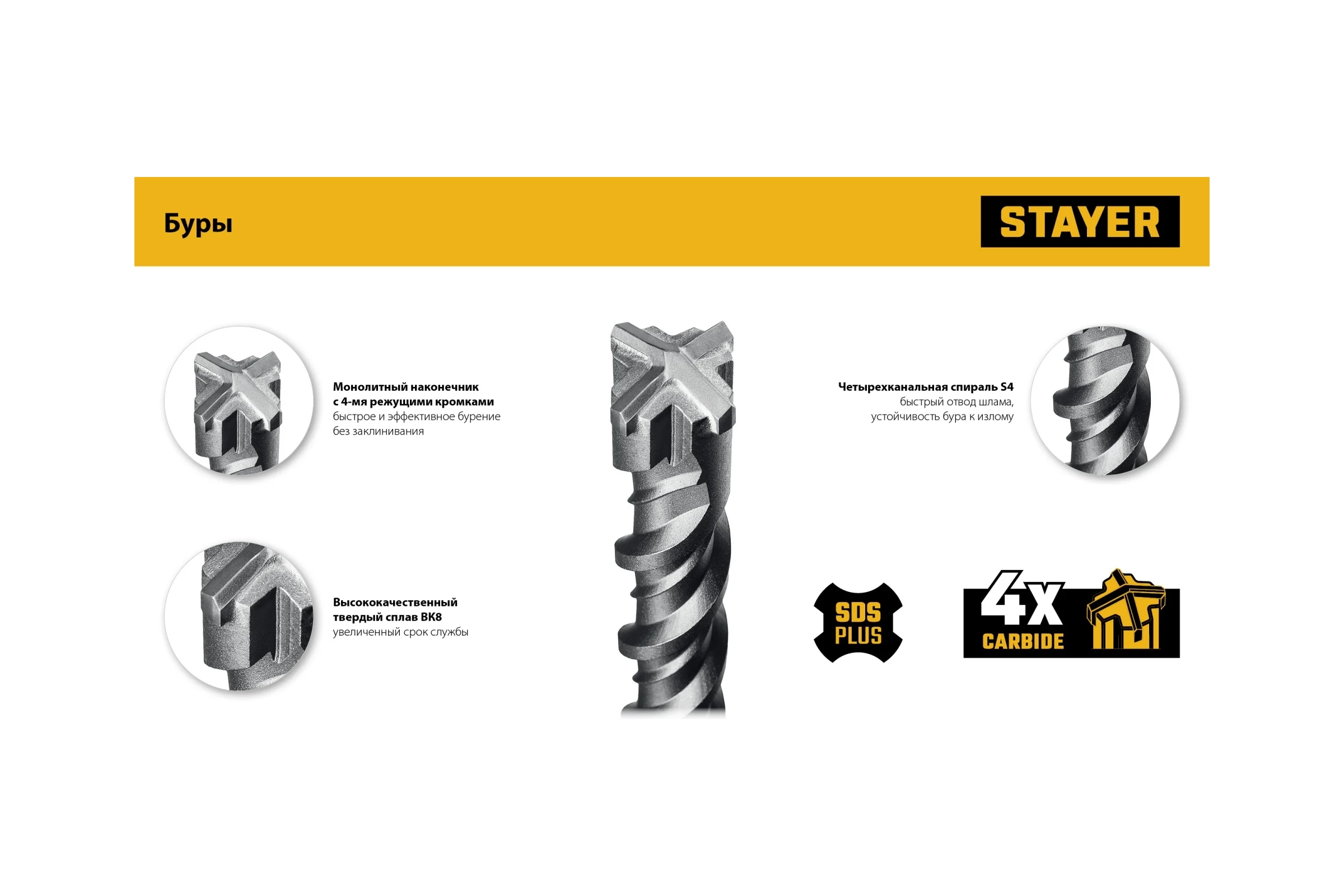Бур STAYER Hercules-4Х 16x210 мм, SDS-plus 29290-210-16