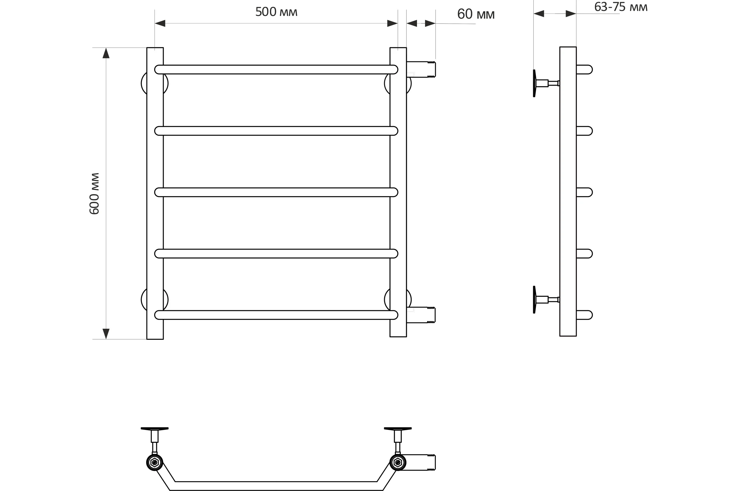 Полотенцесушитель MIXLINE MIRA 60x50x50 1'' НР, 5 перекладин, боковое подкл водяной 556286