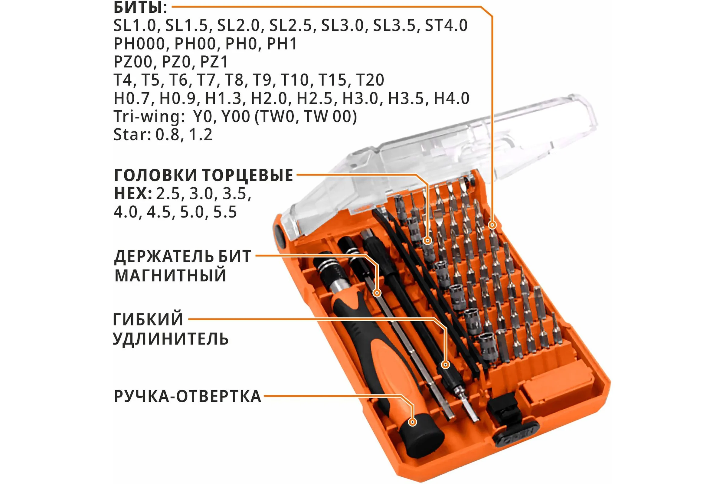 Набор бит и головок для точных работ с рукояткой MAXPILER (45 шт, 2 адаптера, кейс) MXTP-45-SET