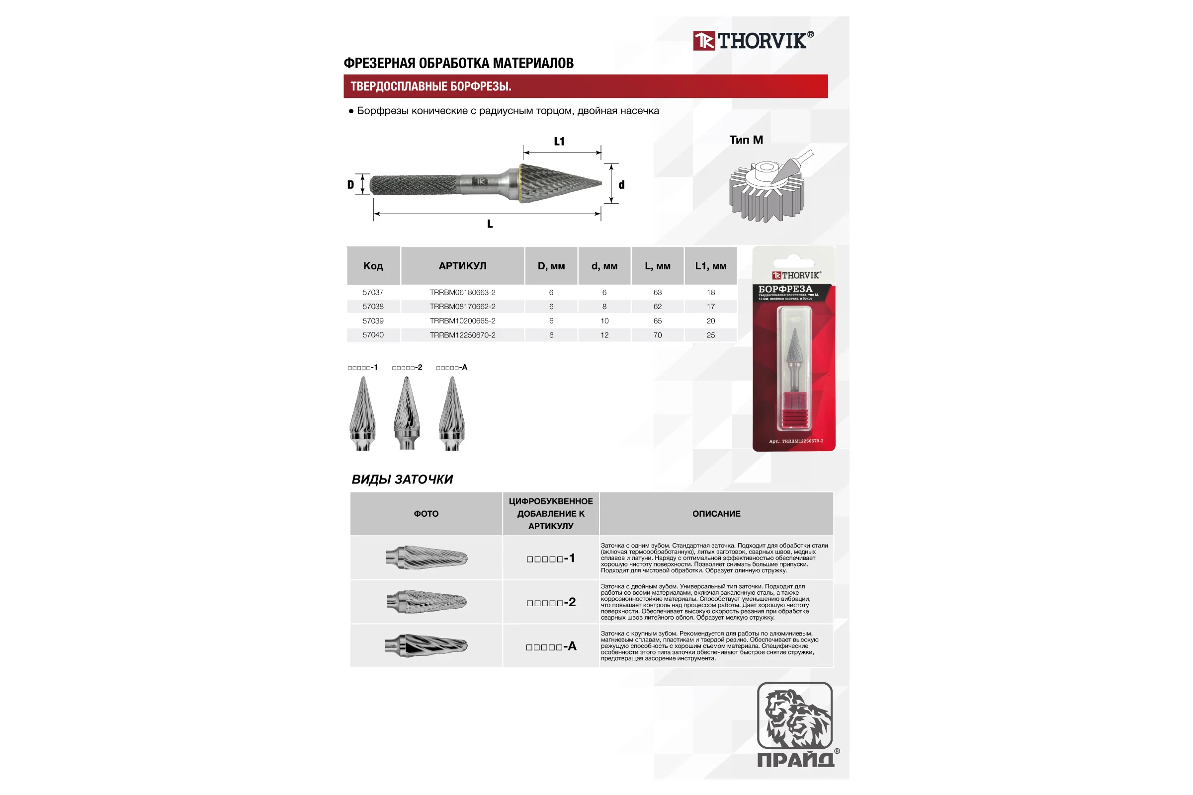 Бор-фреза твердосплавная коническая Thorvik TRRBM08170662-2 тип M, 8 мм, двойная насечка, в боксе 057038
