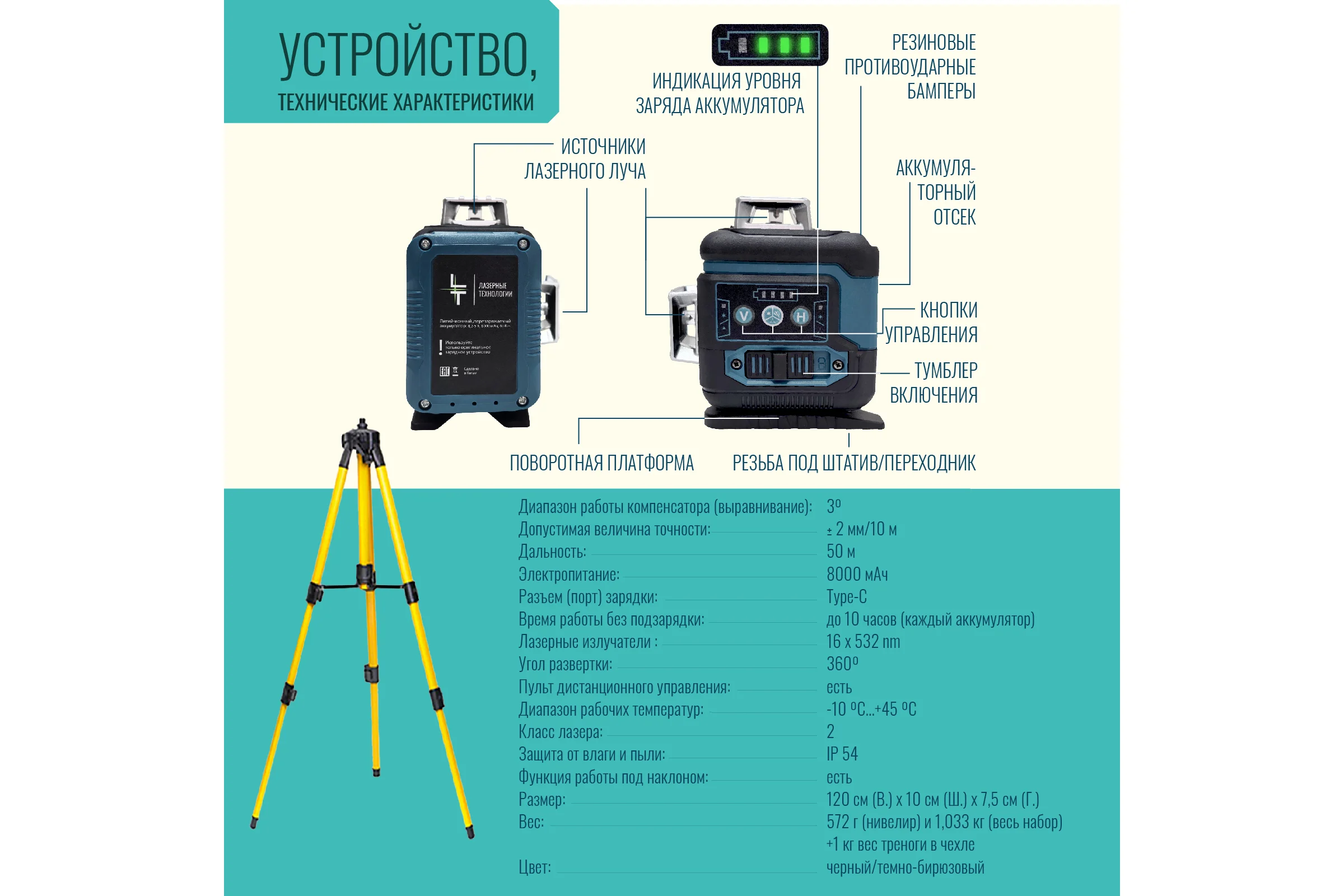 Профессиональный лазерный уровень LT L12-360Q + тренога 1.6м L12-360Q/1.6м