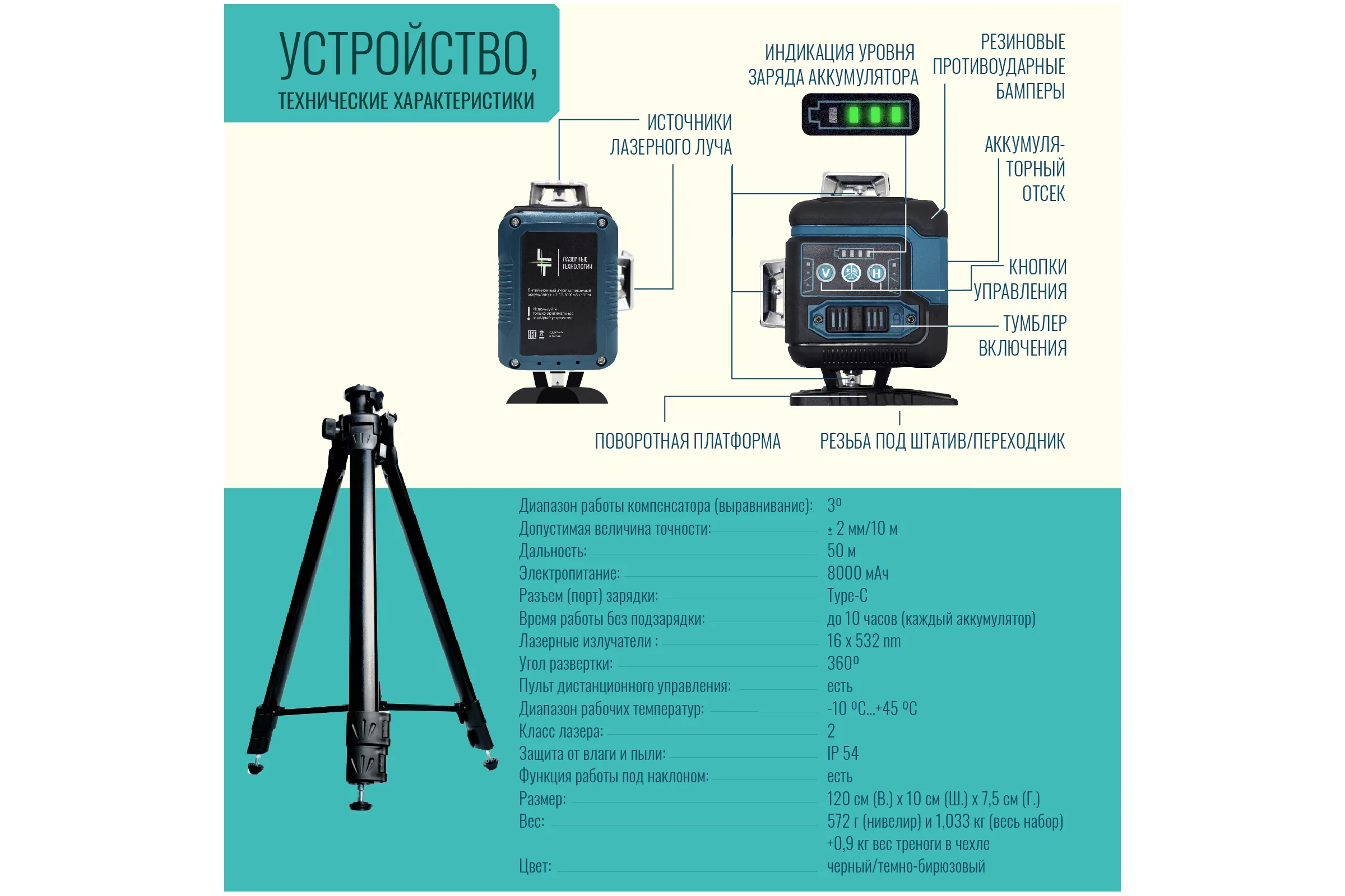 Профессиональный лазерный уровень LT L12-360Q + тренога 1.5м усиленная L12-360Q/1.5м-УС