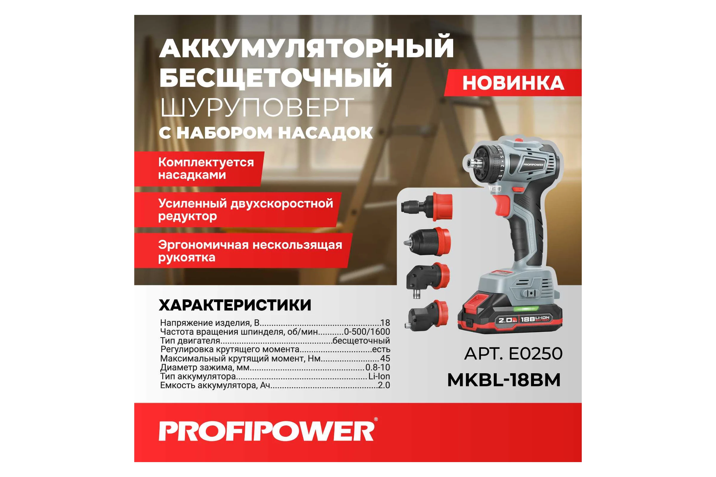 Аккумуляторный бесщеточный шуруповерт со сменными насадками Profipower MKBL-18BM (18В, 45Нм, Li-ion-2шт, 2.0Ач, 0,8-10мм, бита, З/У,в кейсе) E0250