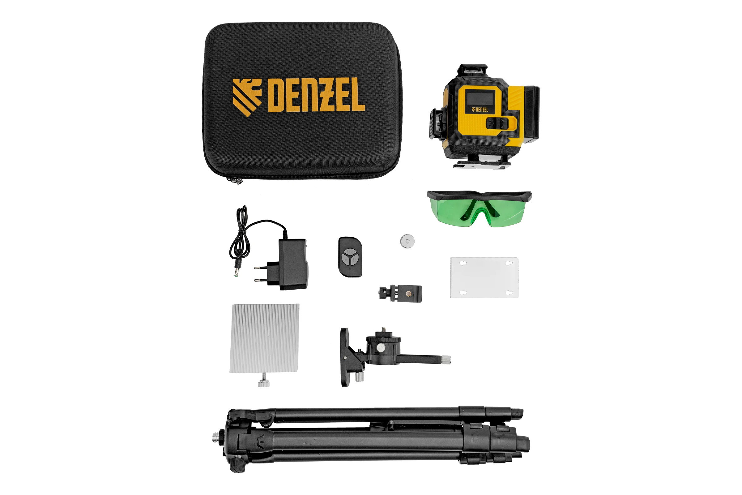 Лазерный уровень мультипризменный Denzel DLV 360-4T, 30 м, зеленый луч, Li-Ion 2.4 Aч, штатив 350815