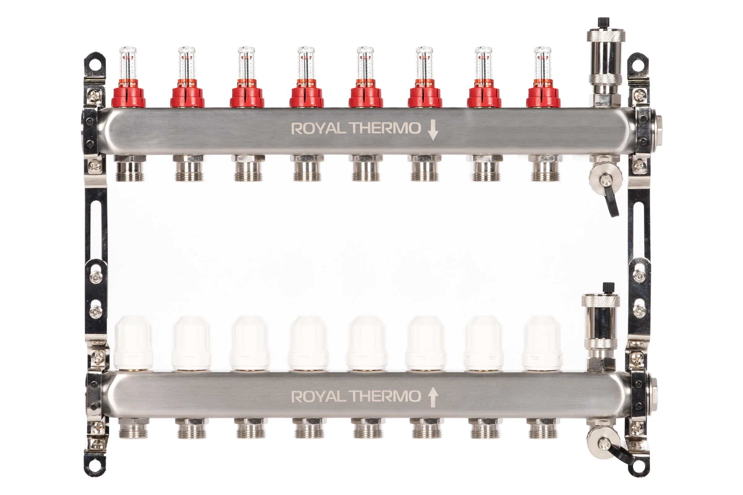 Коллектор ROYAL THERMO нержавеющая сталь, в сборе, с расходомерами, 1 ВР-3/4 НР, с автоматоматическими воздухоотводами, 8 выходов НС-1665629