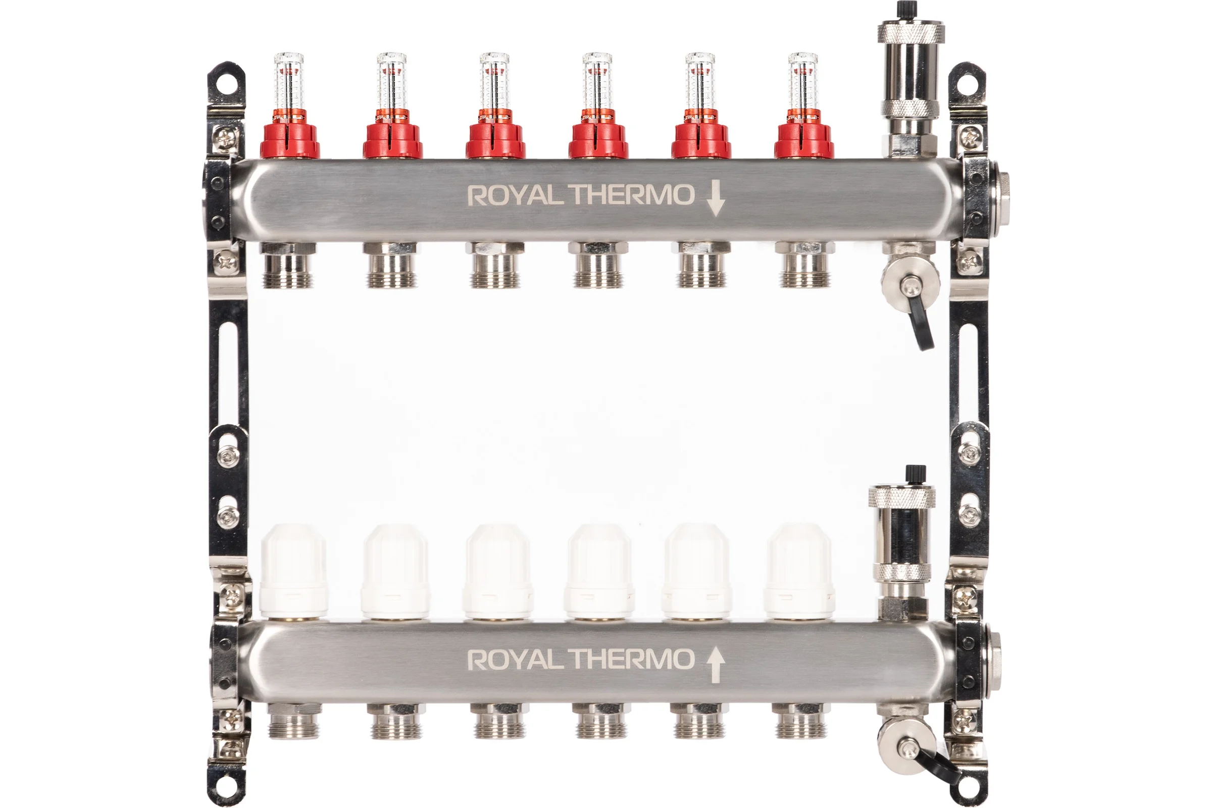 Коллектор ROYAL THERMO нержавеющая сталь, в сборе, с расходомерами, 1 ВР-3/4 НР, с автоматоматическими воздухоотводами, 6 выходов НС-1665627
