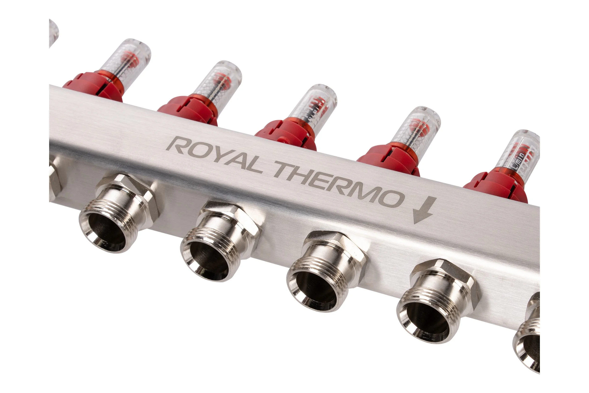 Коллектор ROYAL THERMO нержавеющая сталь, в сборе, с расходомерами, 1 ВР-3/4 НР, с автоматоматическими воздухоотводами, 5 выходов НС-1665626