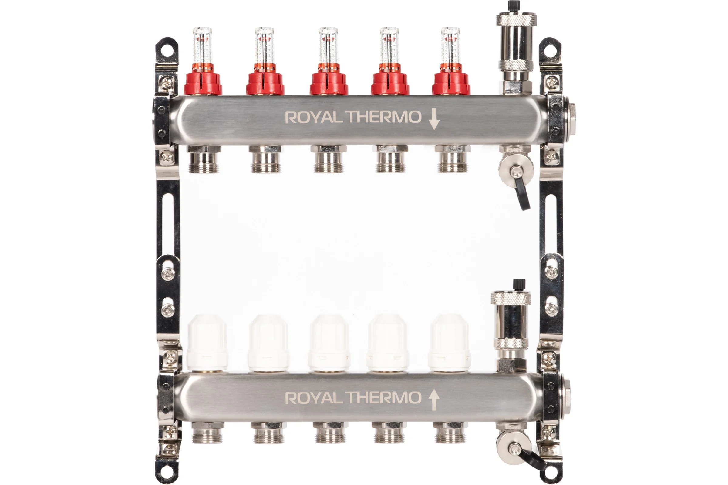 Коллектор ROYAL THERMO нержавеющая сталь, в сборе, с расходомерами, 1 ВР-3/4 НР, с автоматоматическими воздухоотводами, 4 выхода НС-1665625