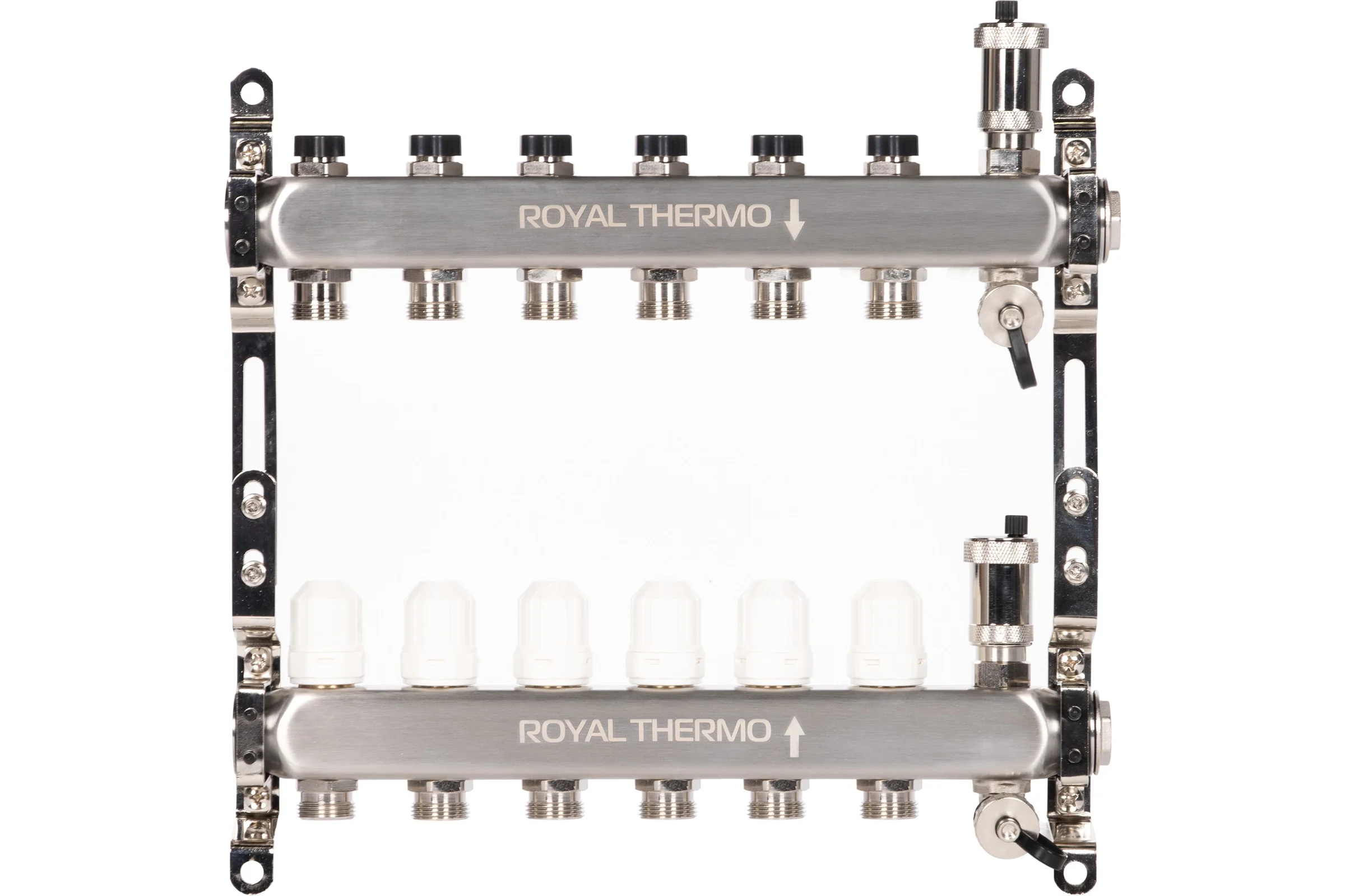Коллектор ROYAL THERMO нержавеющая сталь, в сборе, универсальный, 1 ВР-3/4 НР, с автоматоматическими воздухоотводами, 6 выходов НС-1665641
