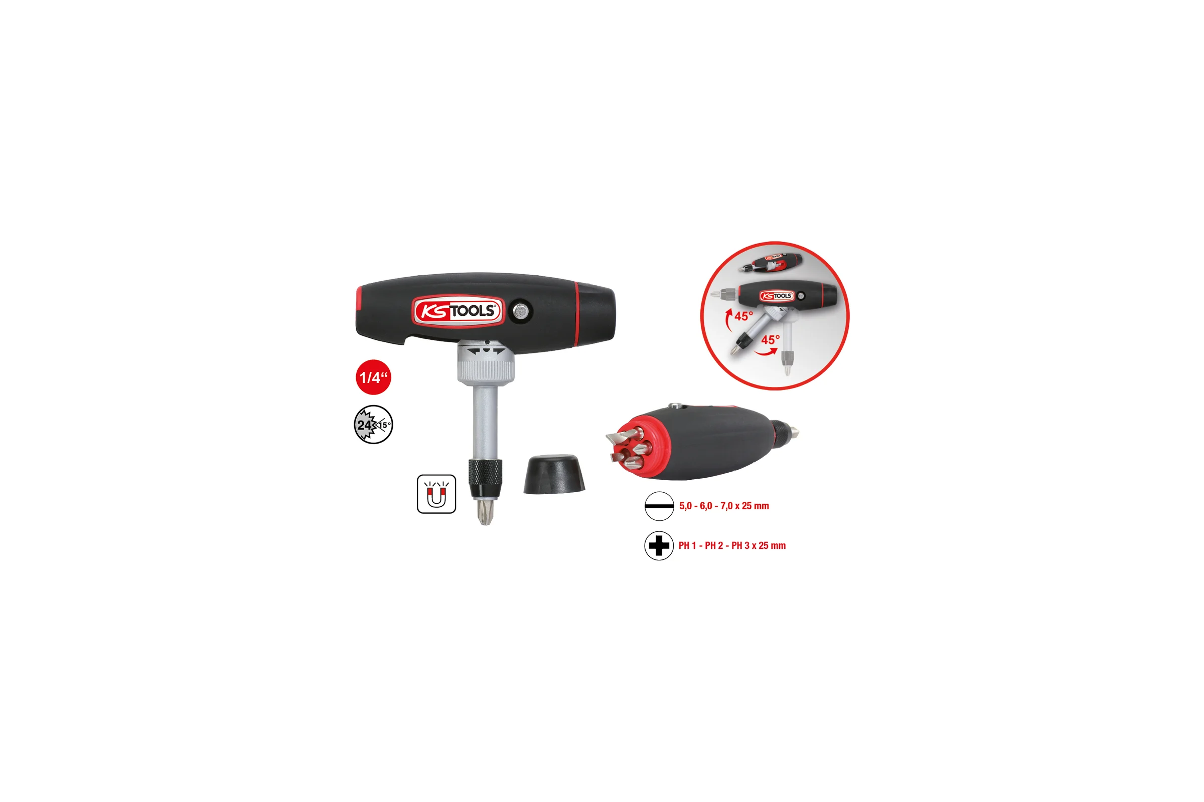 Отвертка для бит KS Tools с ручкой-трансформером, 1/4", в комплекте с 5 битами 911.2475