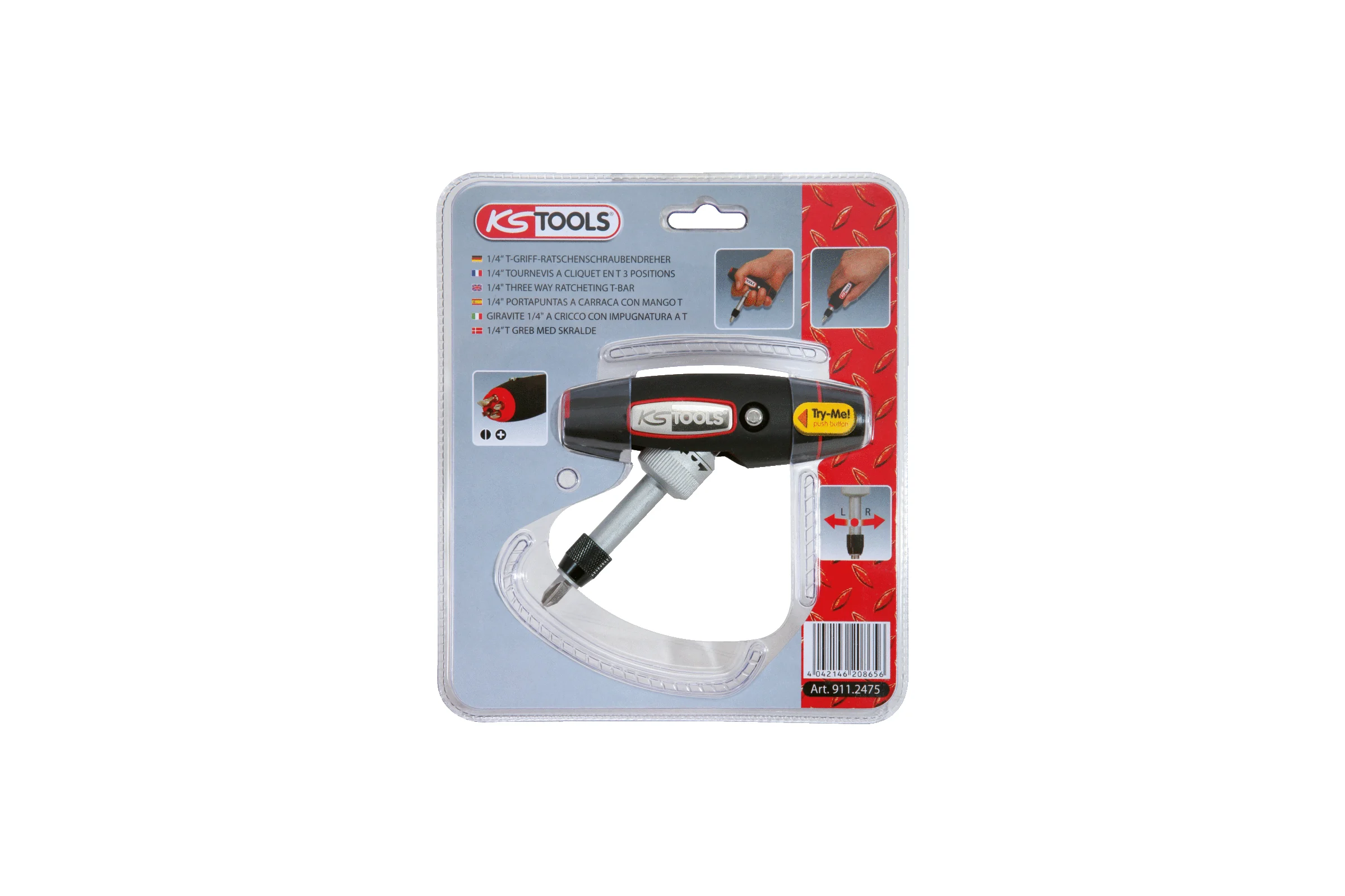 Отвертка для бит KS Tools с ручкой-трансформером, 1/4", в комплекте с 5 битами 911.2475