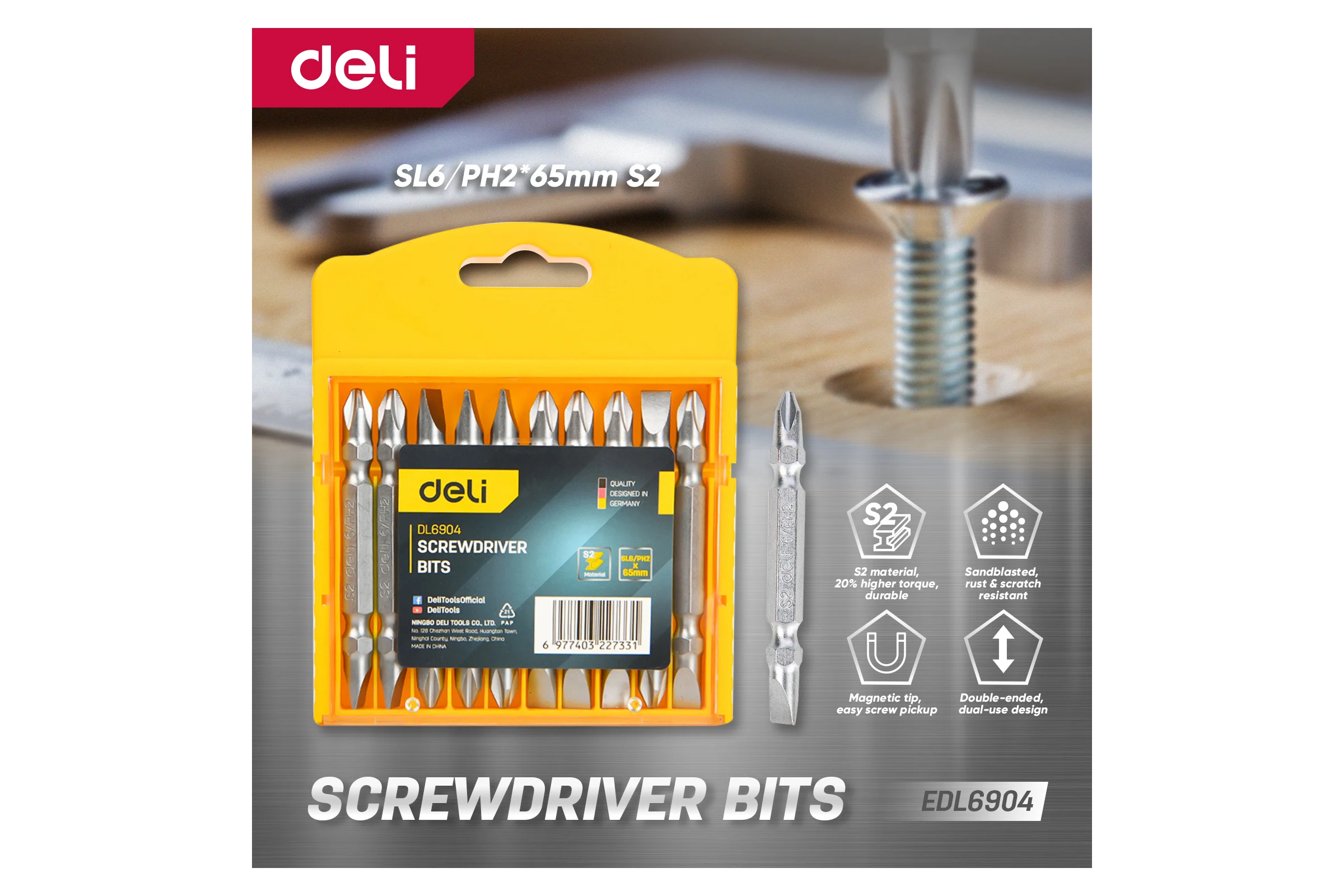 Набор двухсторонних бит Deli SL6/PH2x65мм 10 шт DL6904 сталь S2, твердость 58-60HRC, пласт.кейс 183621