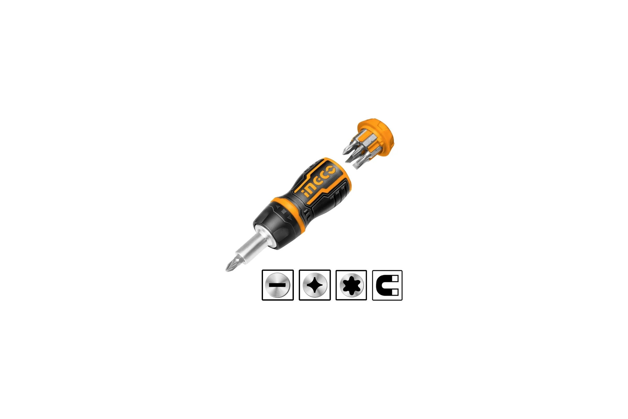 Отверткa трещоточная короткая с битами INGCO 8 в 1 AKISDS1728