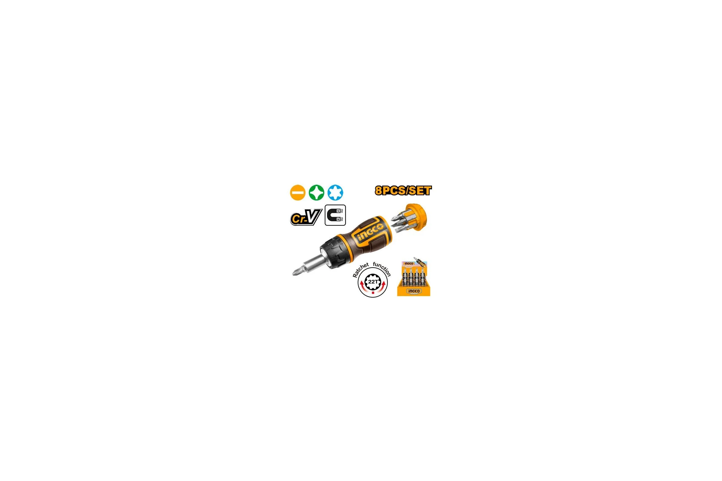 Отверткa трещоточная короткая с битами INGCO 8 в 1 AKISDS1728