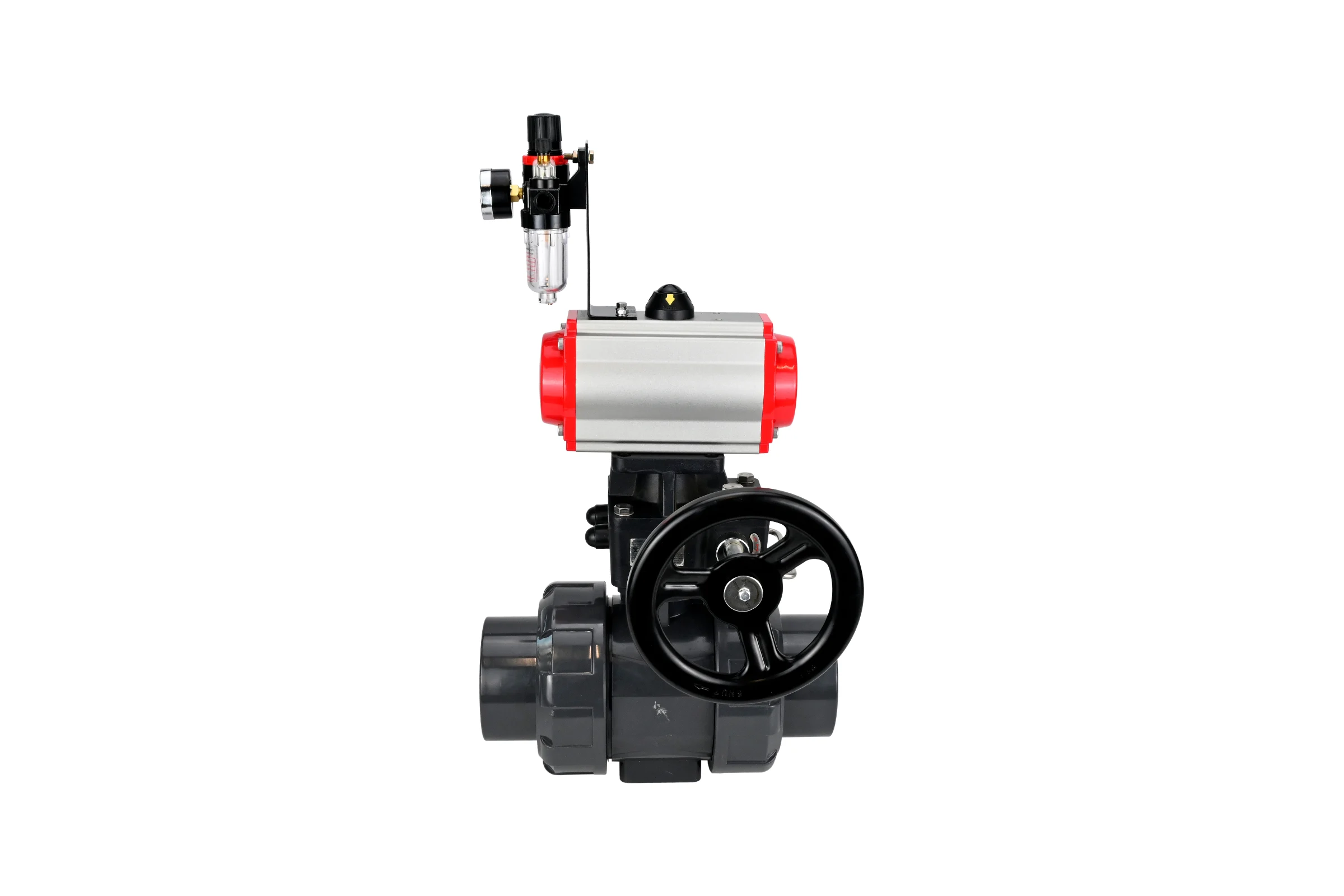 Кран шаровой НПВХ-НПВХ-E-FP-GRM-ISO Ду80 Ру10 DN.ru с пневмоприводом, пневмораспределителем, БПВ, ручным дублером D160-67719