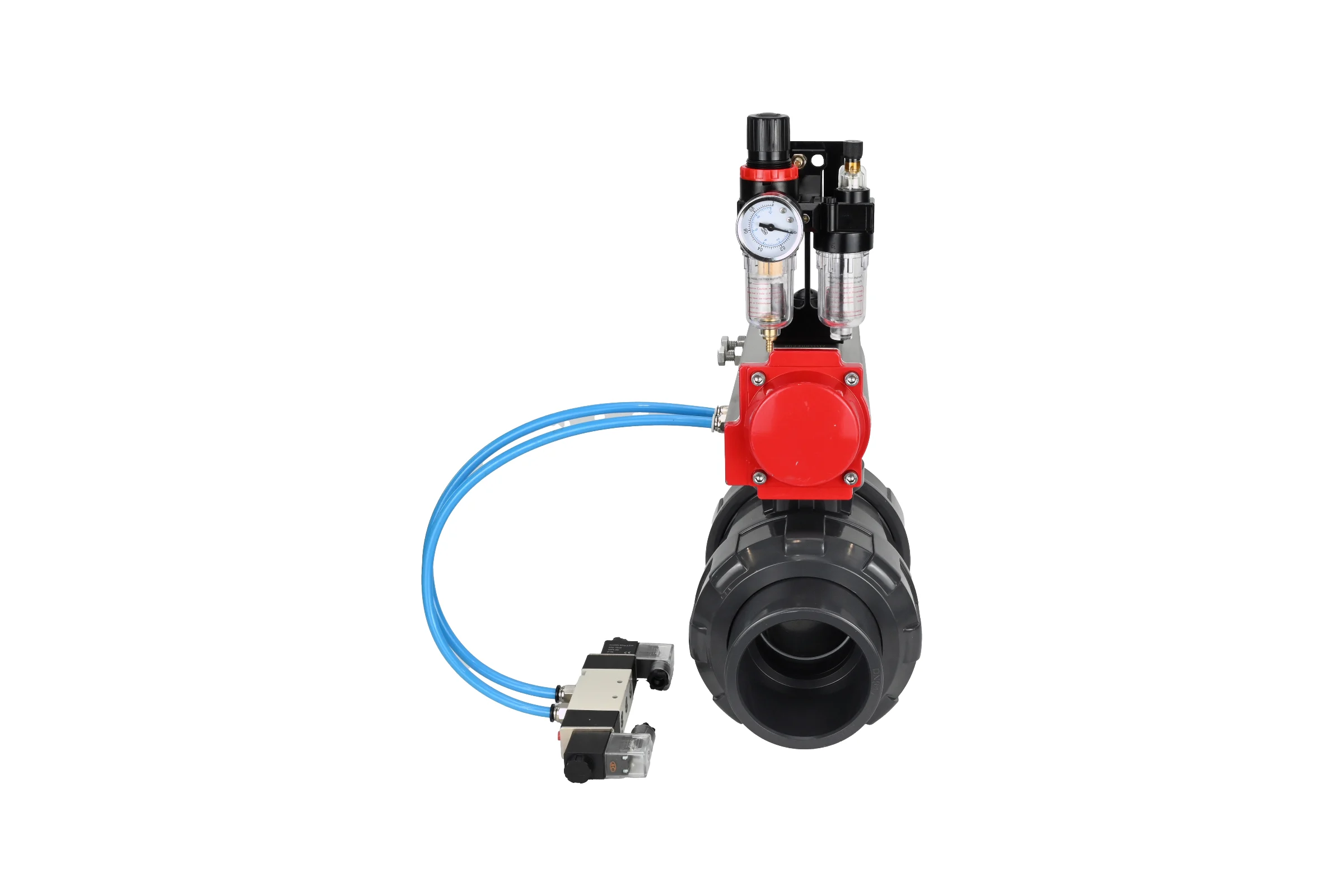 Кран шаровой НПВХ-НПВХ-E-FP-GRM-ISO Ду100 Ру10 DN.ru с пневмоприводом, пневмораспределителем, БПВ D160-67504