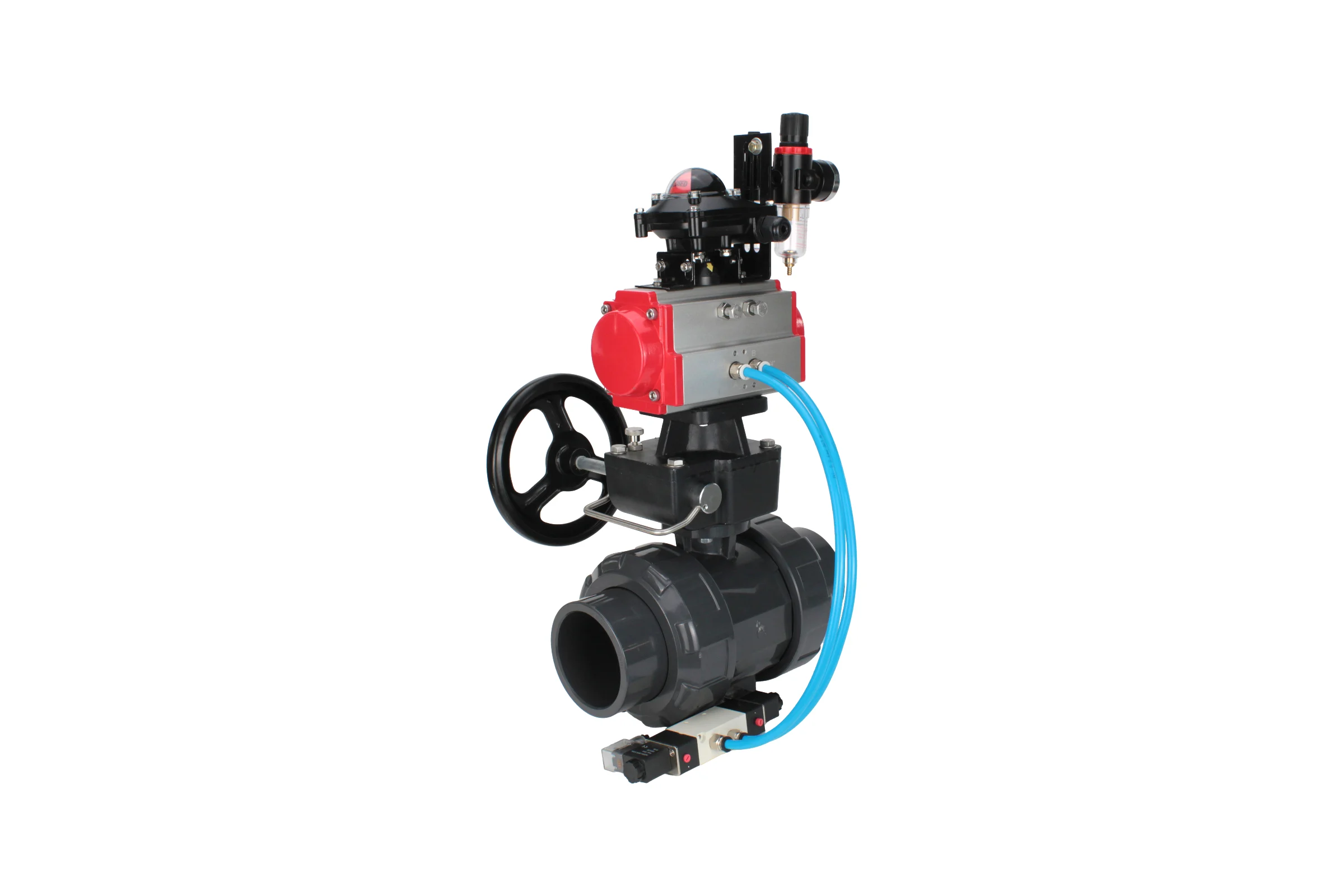 Кран шаровой НПВХ-НПВХ-E-FP-GRM-ISO Ду65 Ру10 DN.ru с пневмоприводом, пневмораспределителем, БПВ, БКВ, ручным дублером D160-67808