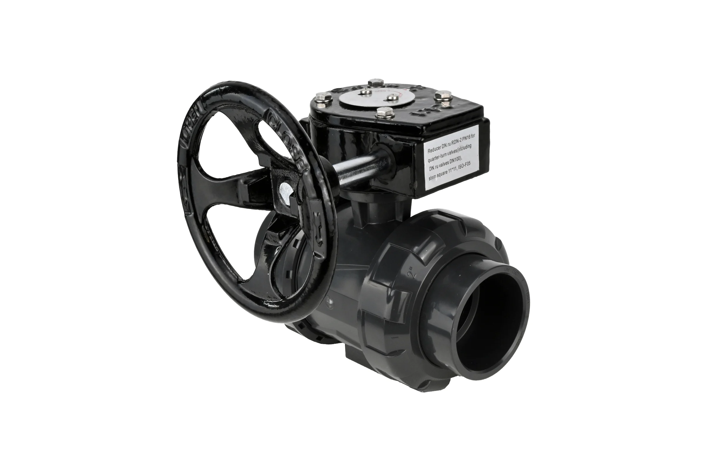 Кран шаровой НПВХ-НПВХ-E-FP-GRM-ISO Ду80 Ру10 DN.ru с редуктором RDN-3 D160-65169