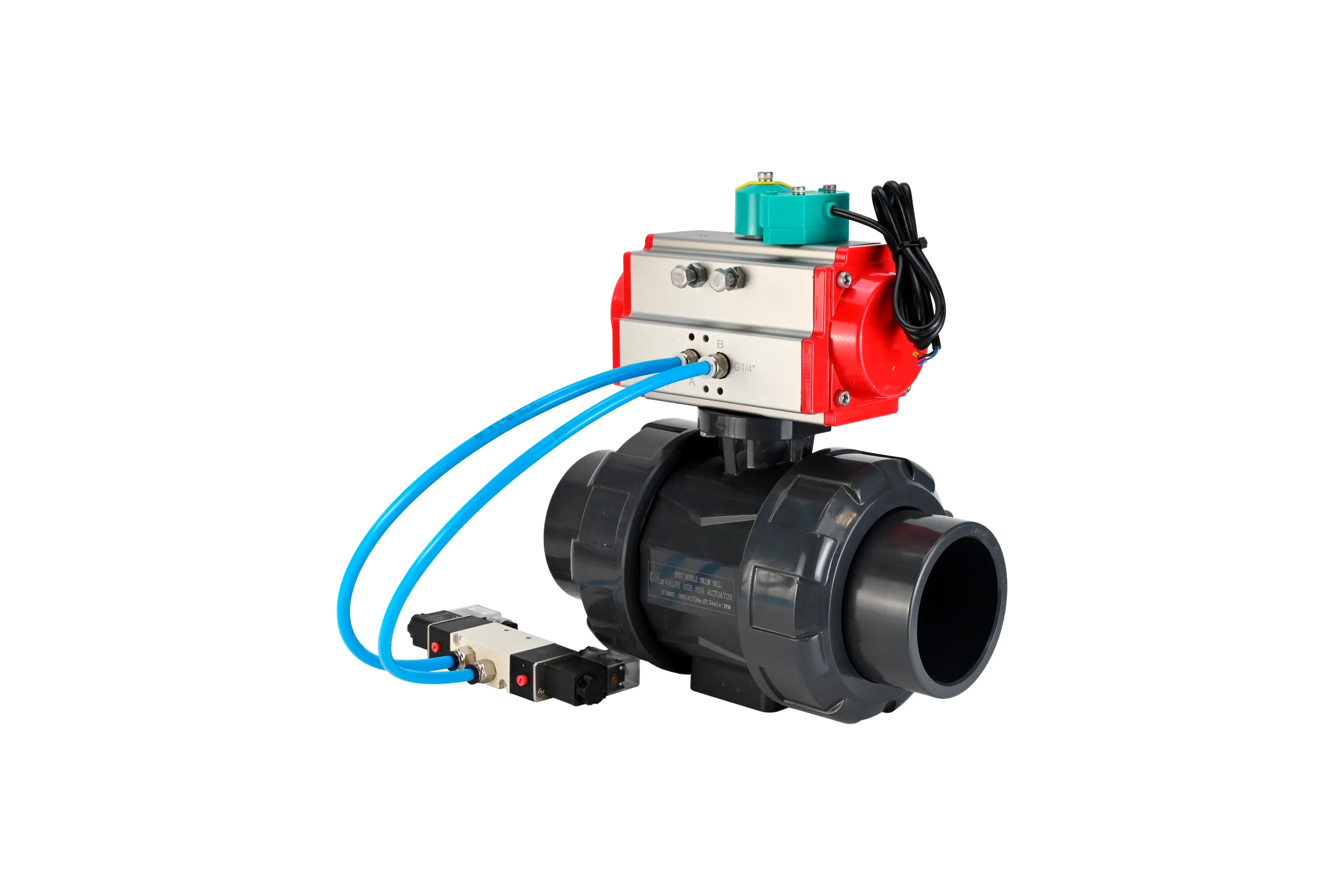 Кран шаровой НПВХ-НПВХ-E-FP-GRM-ISO Ду32 Ру10 DN.ru с пневмоприводом, пневмораспределителем, магнитным переключателем D160-66797