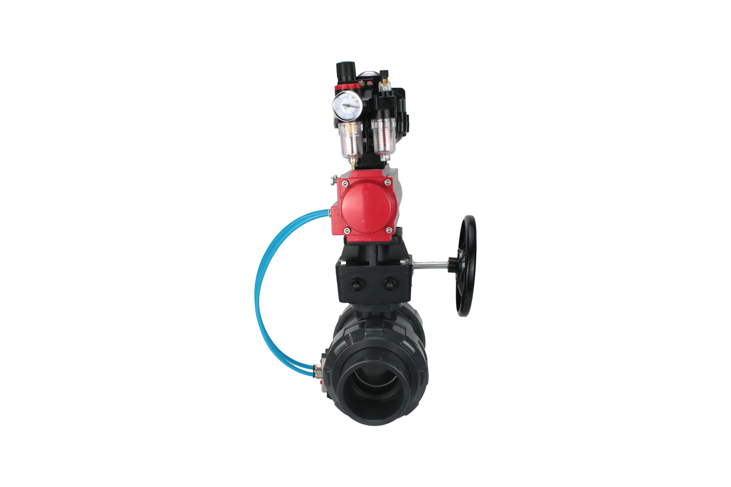 Кран шаровой НПВХ-НПВХ-E-FP-GRM-ISO Ду32 Ру10 DN.ru с пневмоприводом, пневмораспределителем, БПВ, БКВ, ручным дублером D160-67832