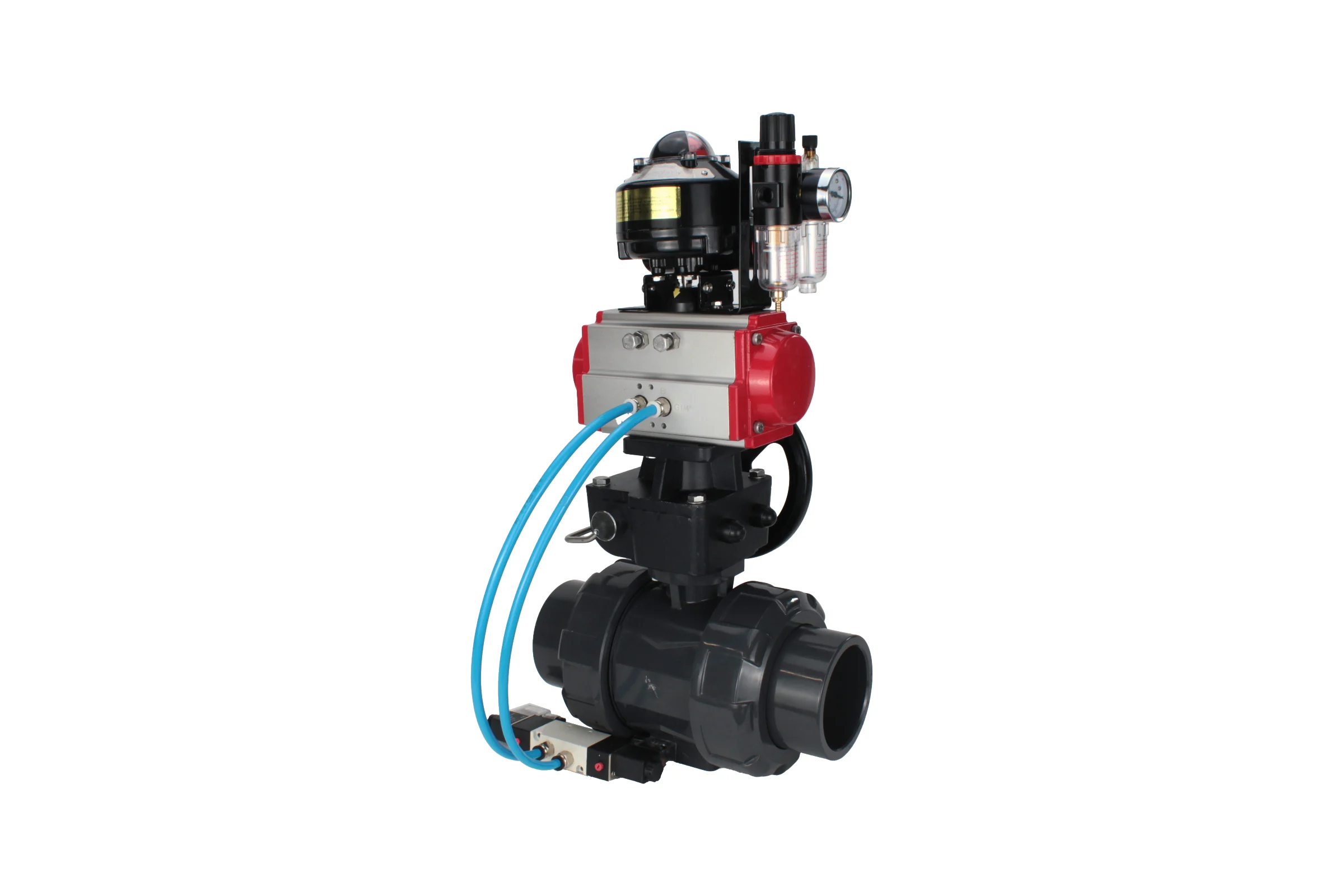 Кран шаровой НПВХ-НПВХ-E-FP-GRM-ISO Ду50 Ру10 DN.ru с пневмоприводом, пневмораспределителем, БПВ, БКВ, ручным дублером D160-67843